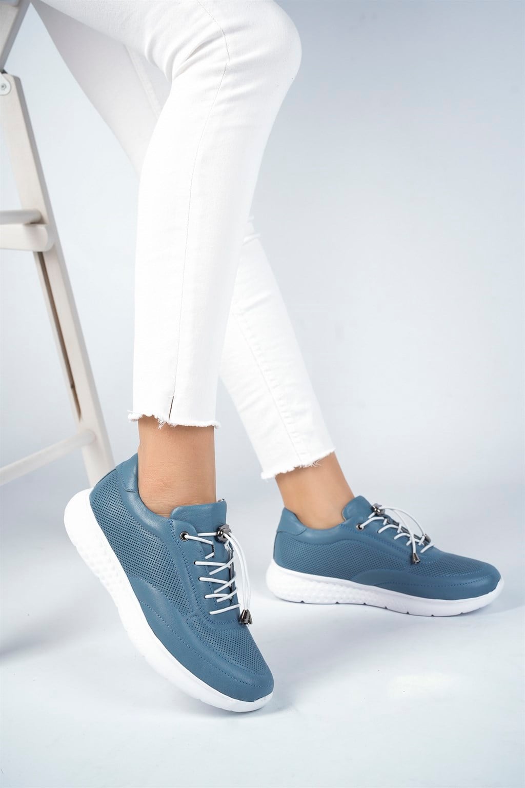 Hakiki Deri Kot Mavi Kadın Deri Sneaker Spor Ayakkabı DP71-0111