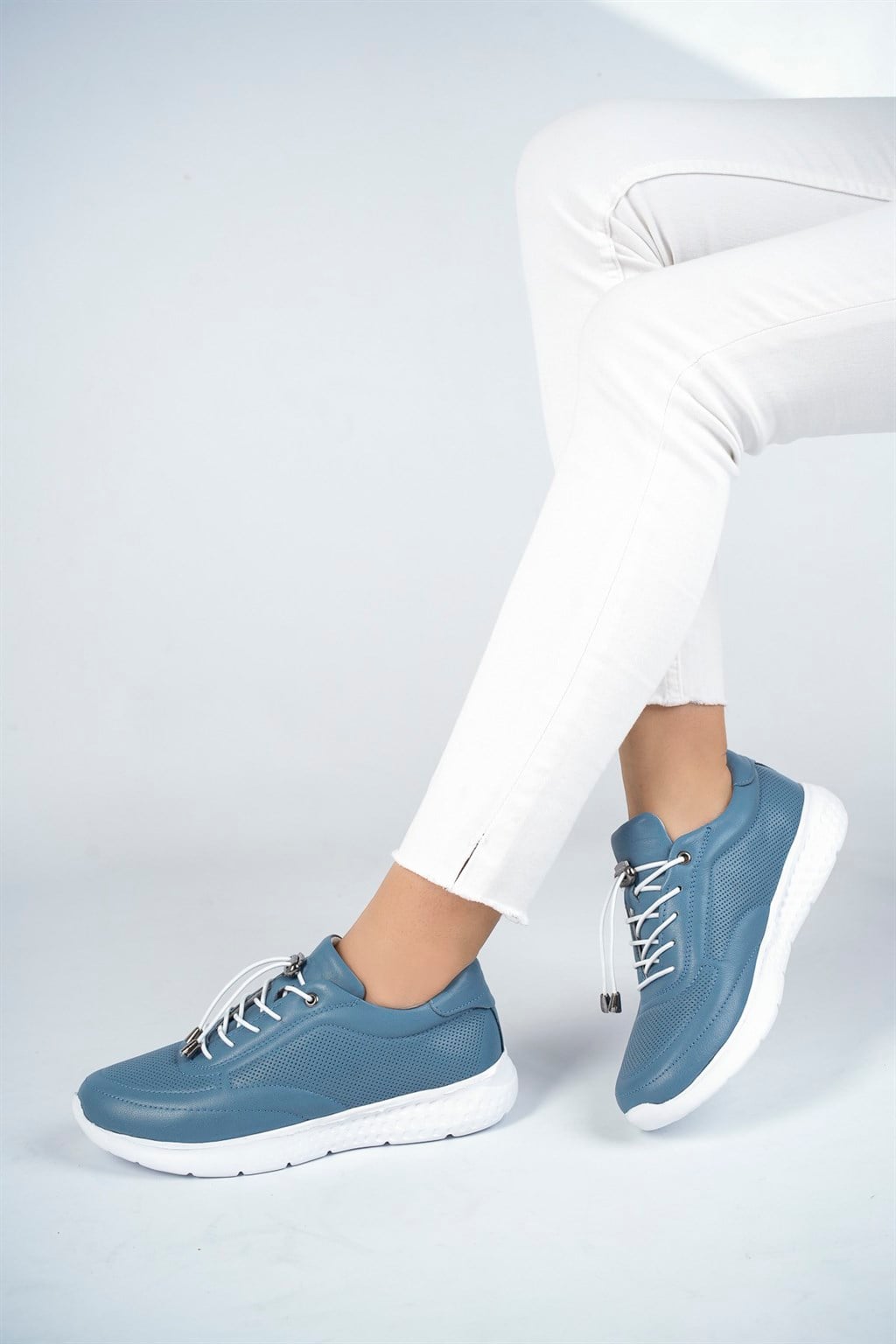 Hakiki Deri Kot Mavi Kadın Deri Sneaker Spor Ayakkabı DP71-0111