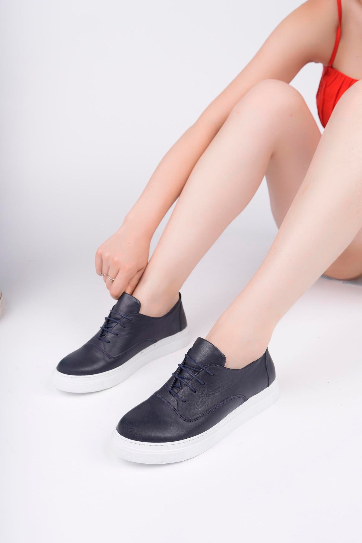 Hakiki Deri Lacivert Kadın Deri Sneaker VNS-M01