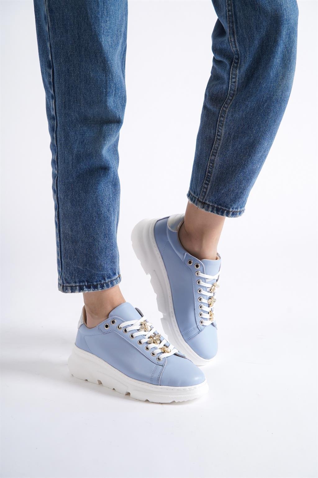 Hakiki Deri Mavi Kadın Deri Sneaker Spor Ayakkabı DP63-23222