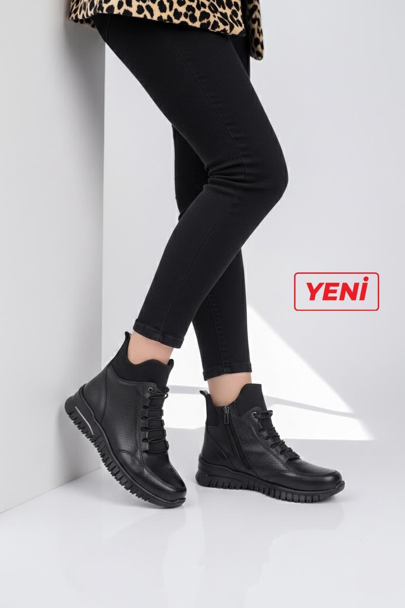 Hakiki Deri Siyah Kadın Deri Bot DP46-2701