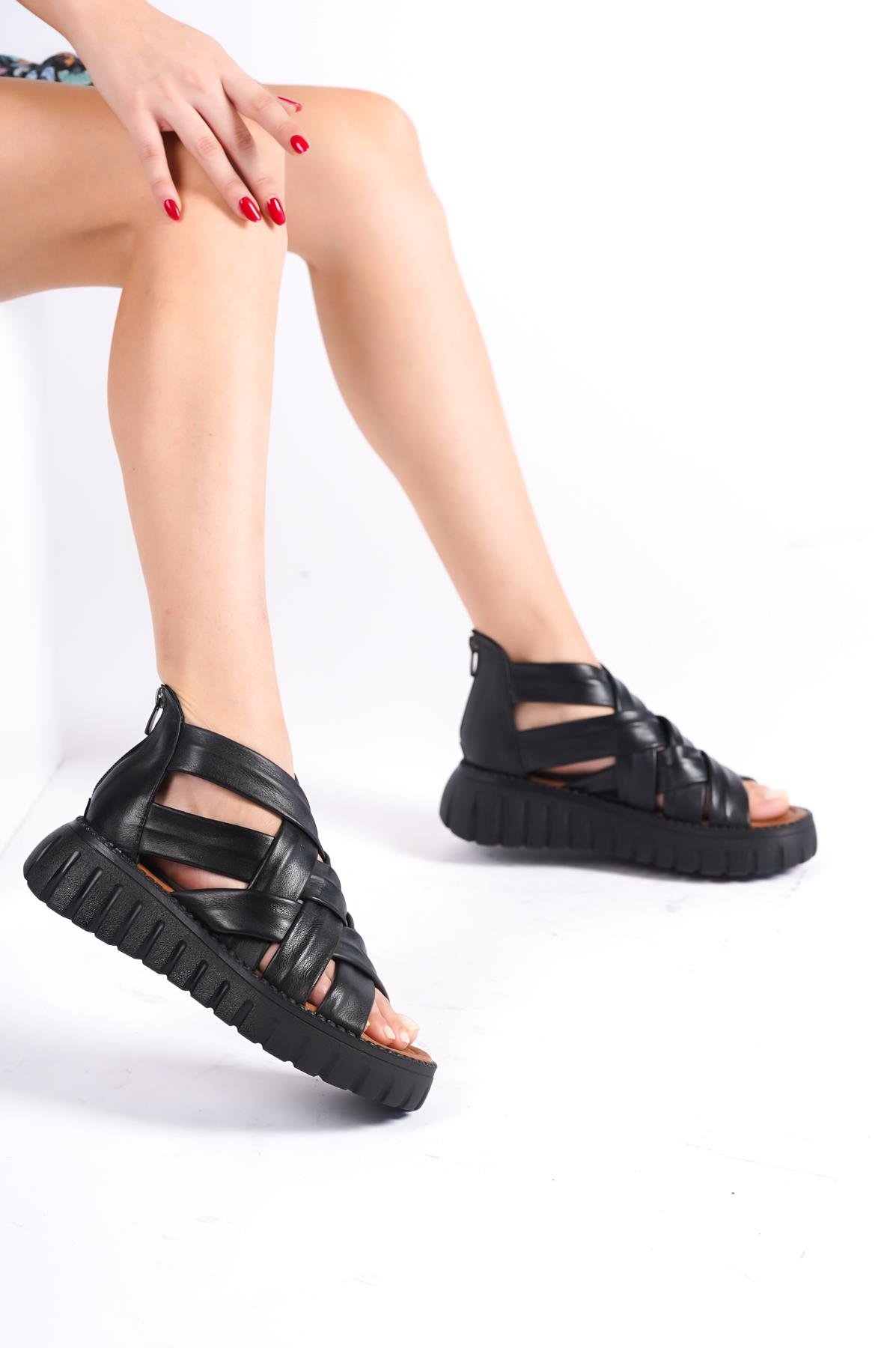 Hakiki Deri Siyah Kadın Deri Sandalet DP-3002