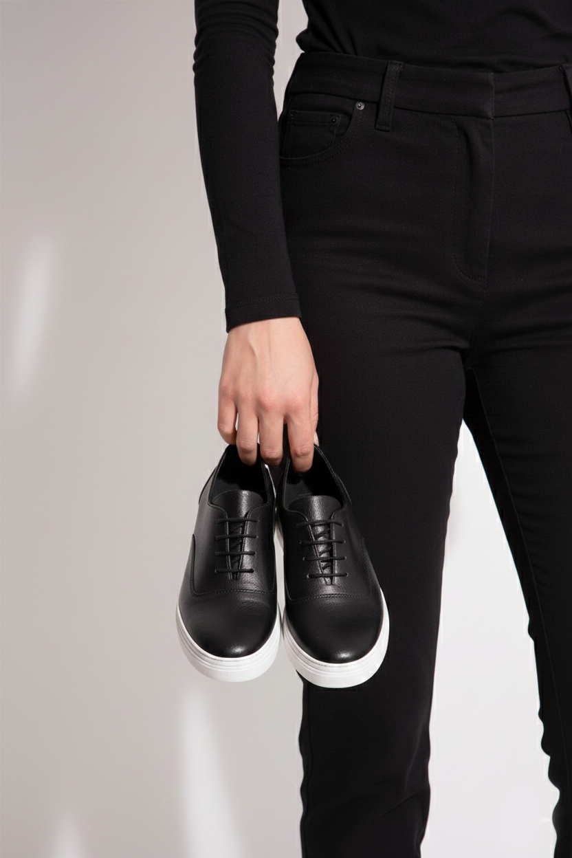 Hakiki Deri Siyah Kadın Deri Sneaker VNS-M01