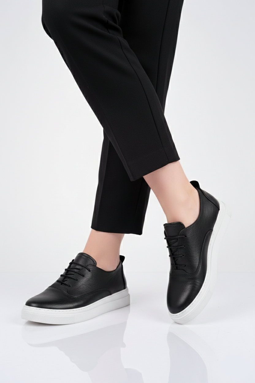 Hakiki Deri Siyah Kadın Deri Sneaker VNS-M01