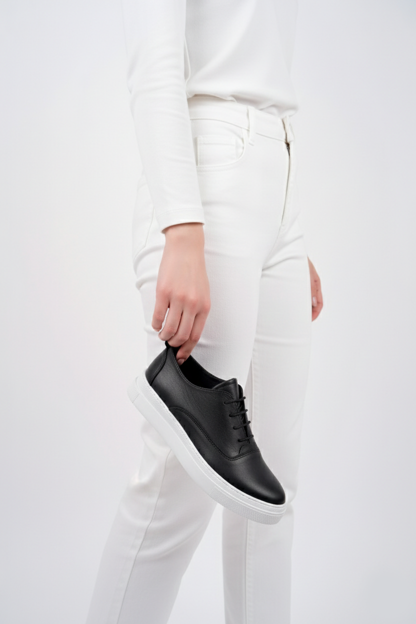 Hakiki Deri Siyah Kadın Deri Sneaker VNS-M01