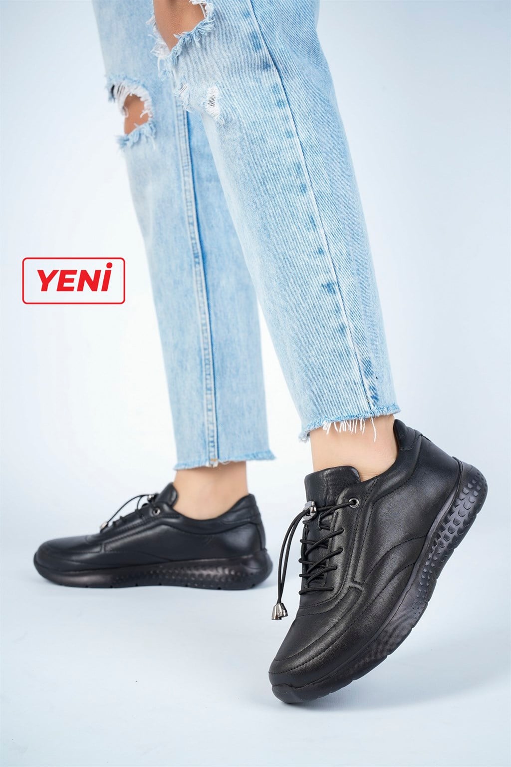 Hakiki Deri Siyah Siyah Kadın Deri Sneaker Spor Ayakkabı DP71-0110