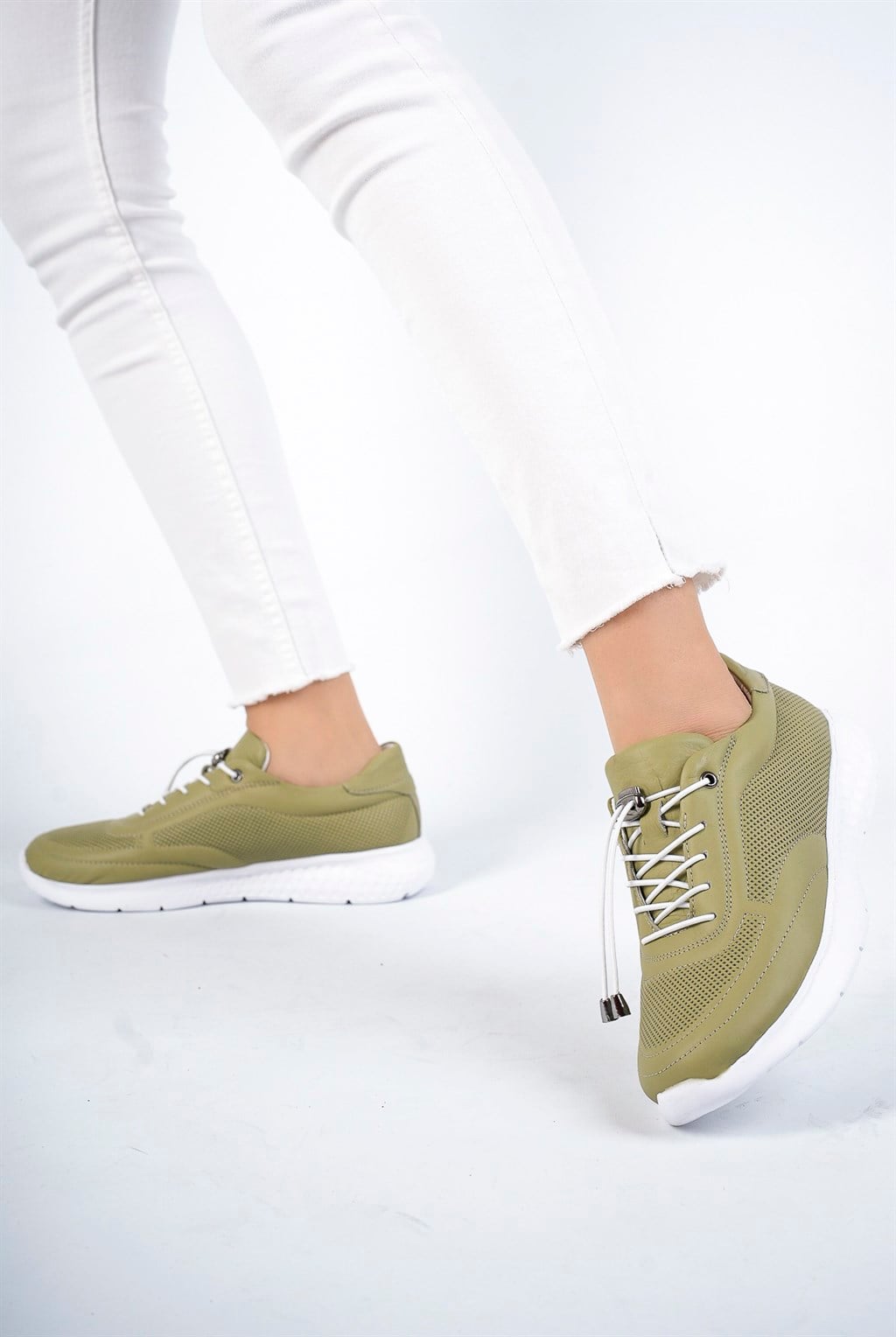 Hakiki Deri Yeşil Kadın Deri Sneaker Spor Ayakkabı DP71-0111