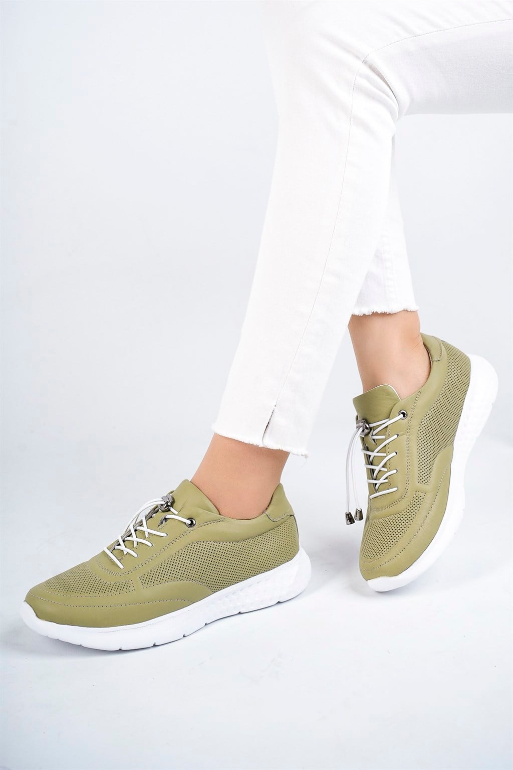 Hakiki Deri Yeşil Kadın Deri Sneaker Spor Ayakkabı DP71-0111
