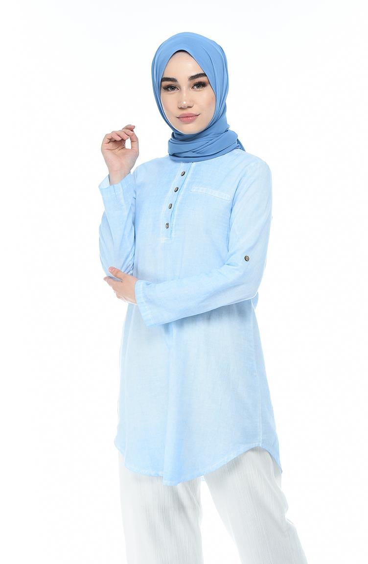 Akasya Sile Fabric Tunic Ice Blue