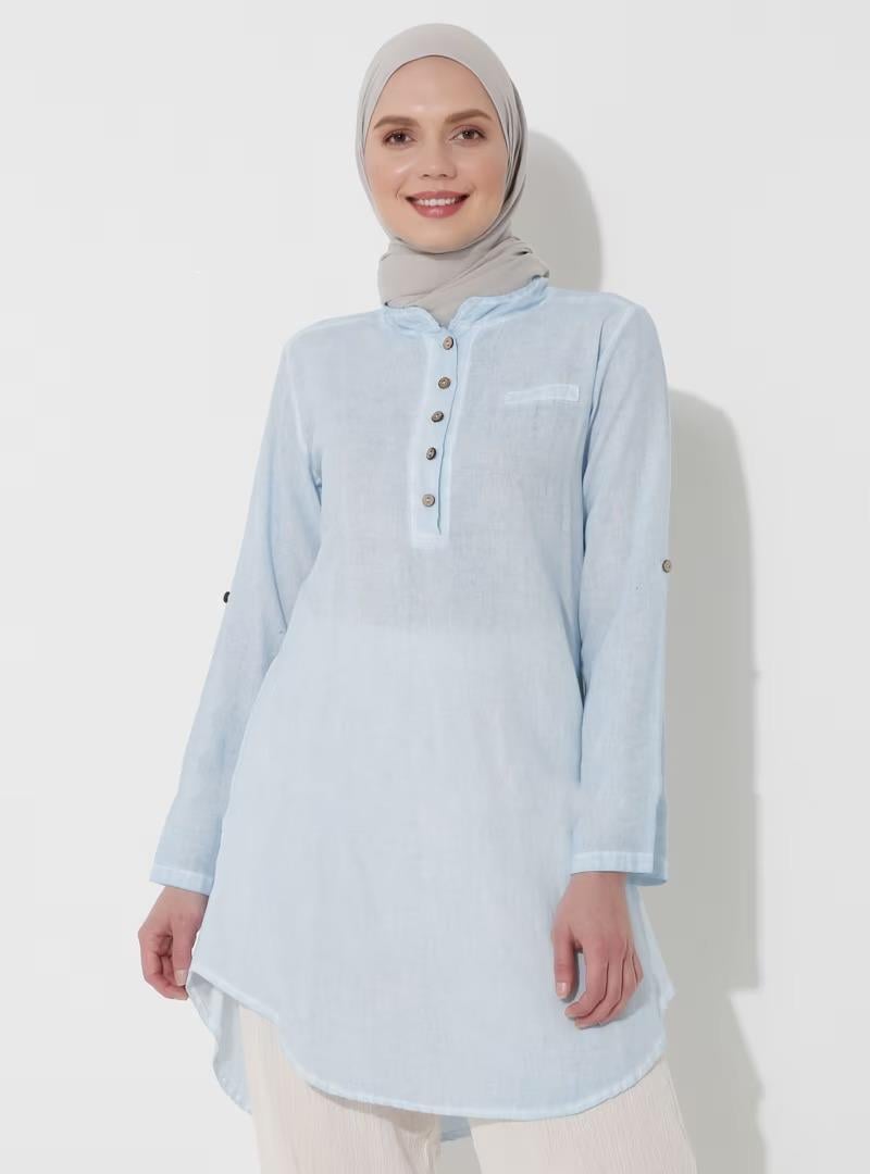 Akasya Sile Fabric Tunic Ice Blue