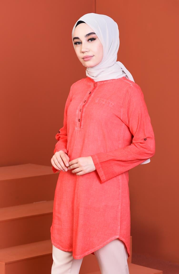 Akasya Sile Fabric Tunic Coral
