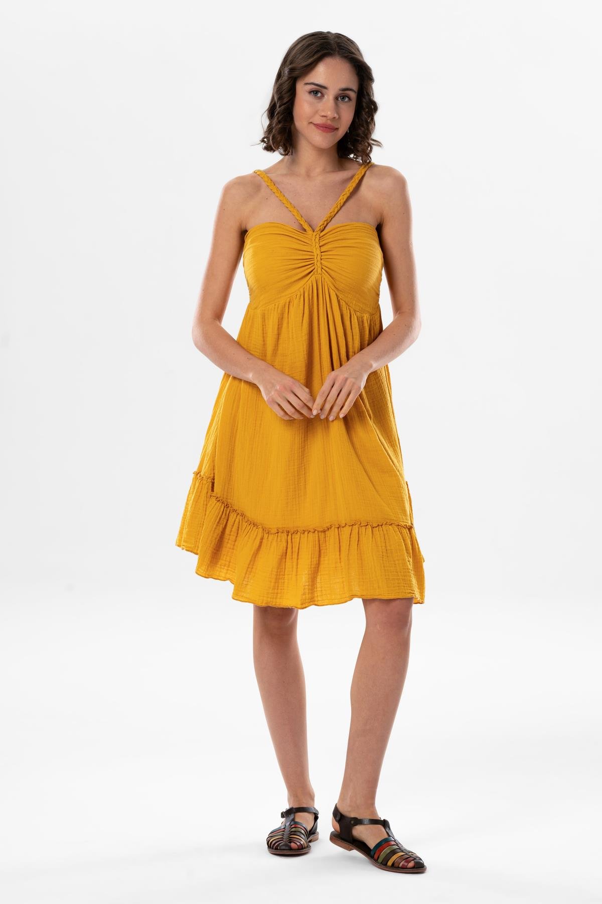 Alanya Boyundan Bağlamalı Kısa Yazlık Müslin Elbise Hardal Hrd