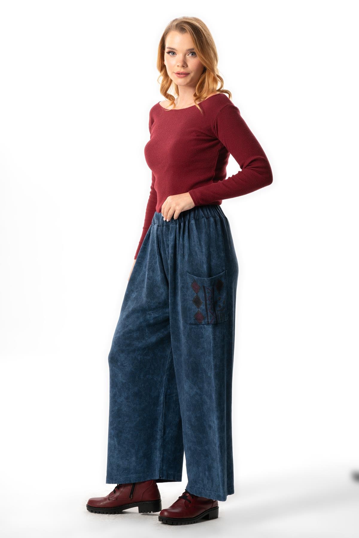 Alin Side Double Pockets Autumn and Winter Elasticized Authentic Knitwear Pants Indigo