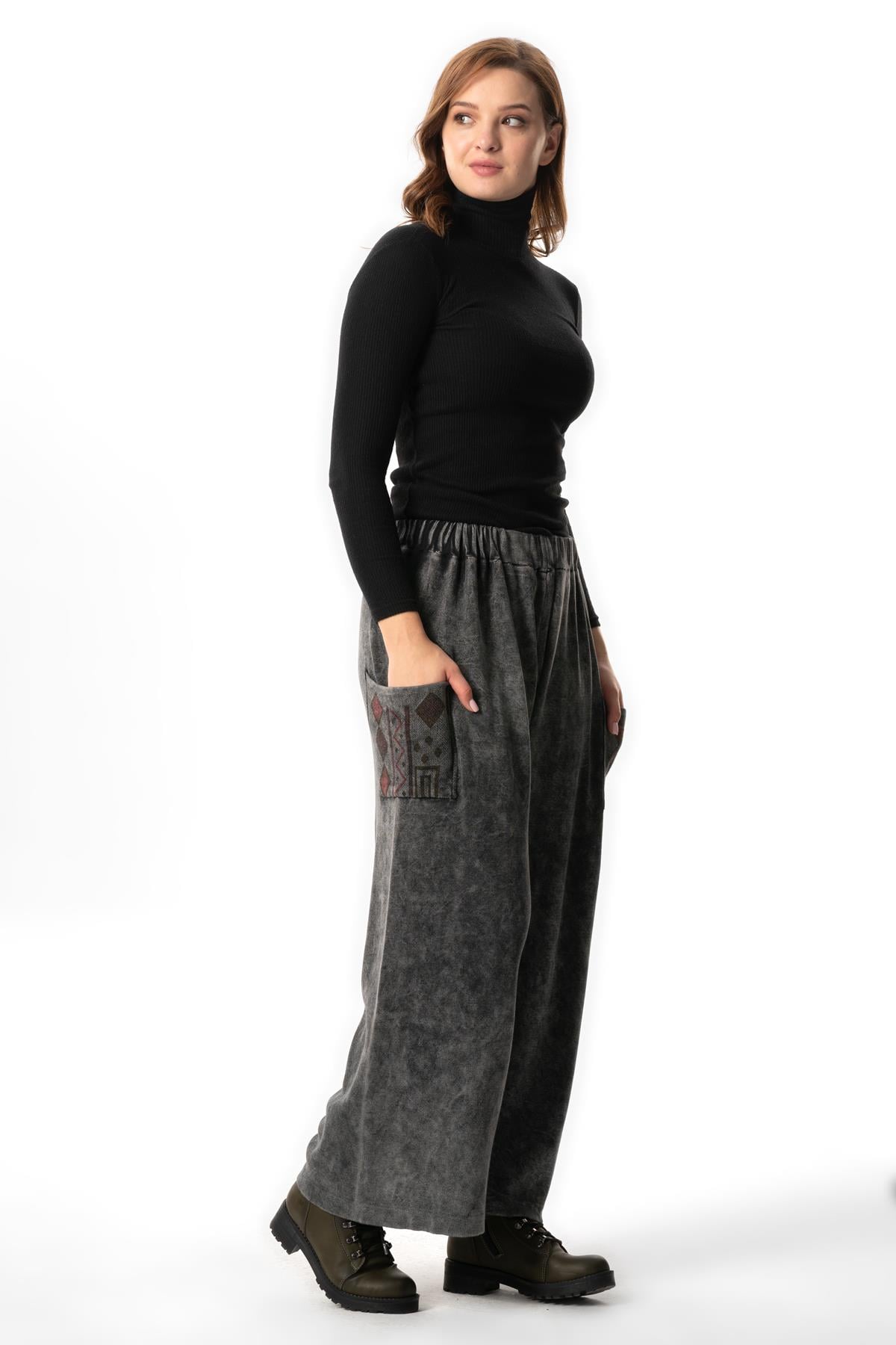 Alin Side Double Pockets Autumn and Winter Elasticized Authentic Knitwear Pants Smoked
