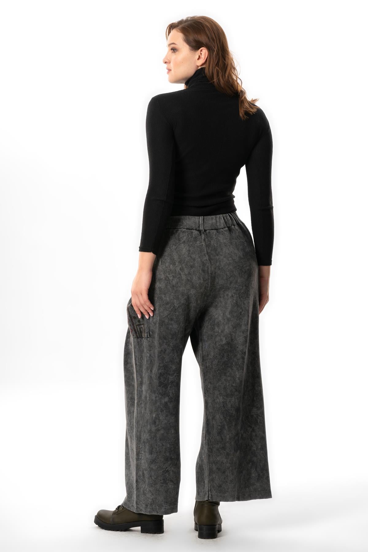 Alin Side Double Pockets Autumn and Winter Elasticized Authentic Knitwear Pants Smoked
