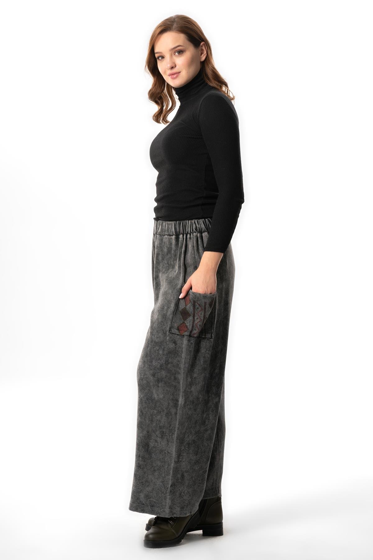 Alin Side Double Pockets Autumn and Winter Elasticized Authentic Knitwear Pants Smoked