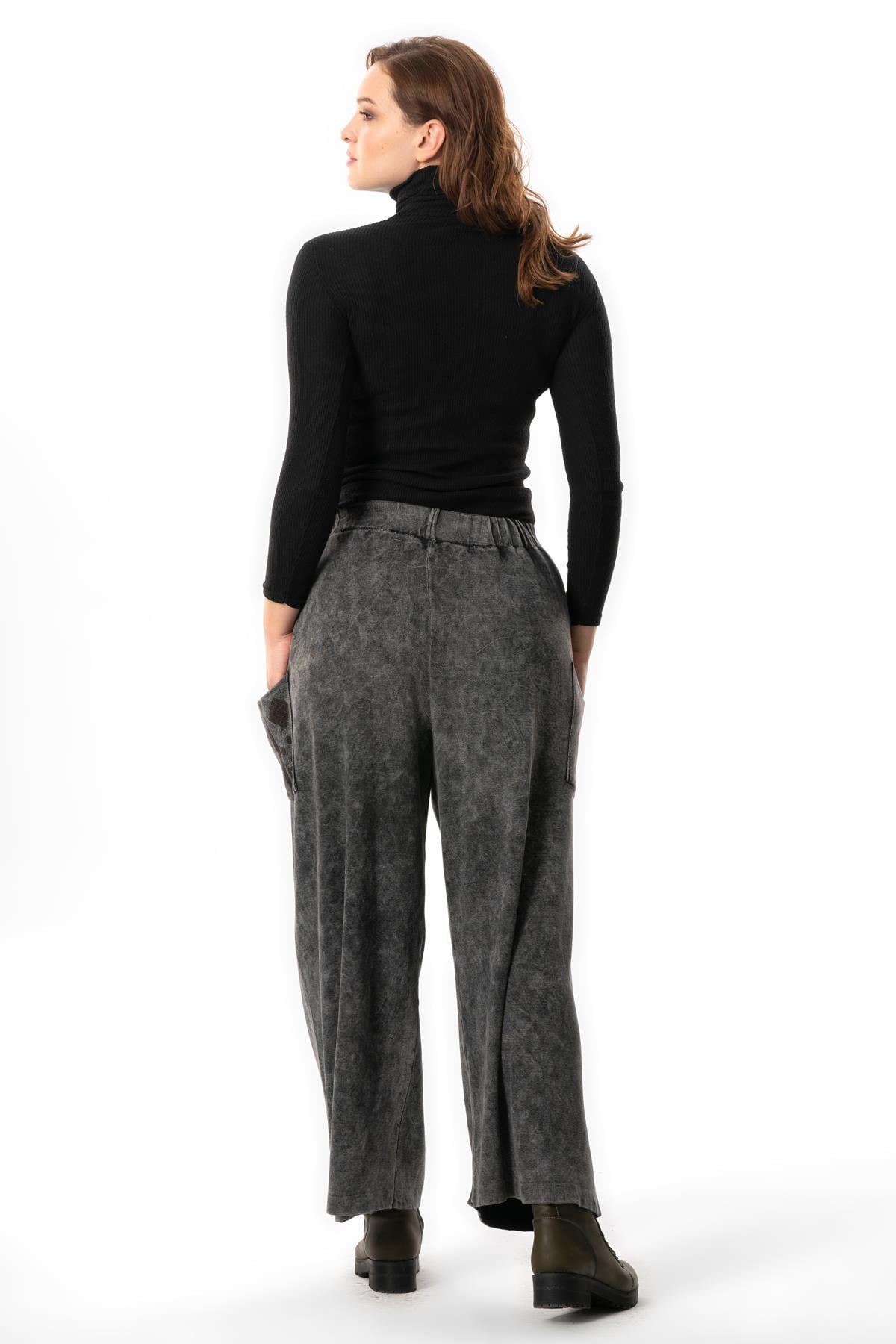 Alin Side Double Pockets Autumn and Winter Elasticized Authentic Knitwear Pants Smoked