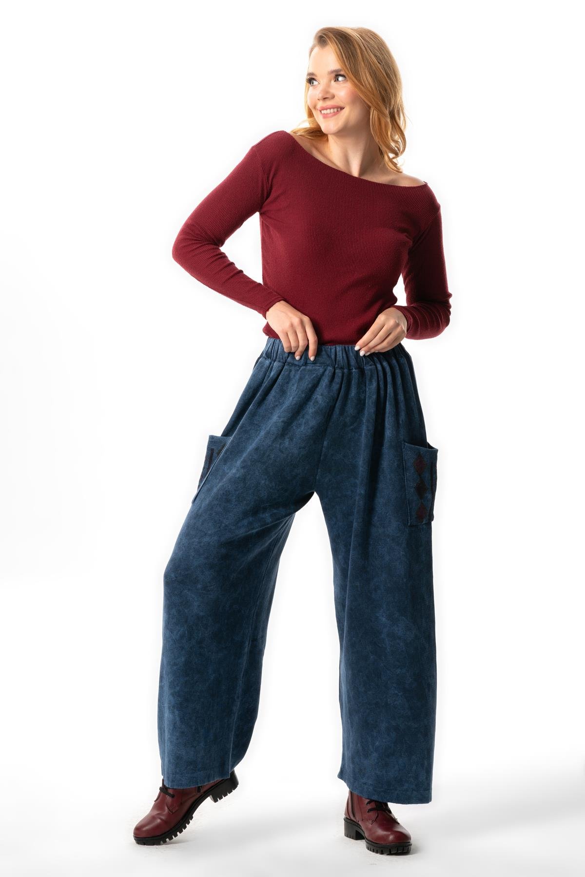 Alin Side Double Pockets Autumn and Winter Elasticized Authentic Knitwear Pants Indigo