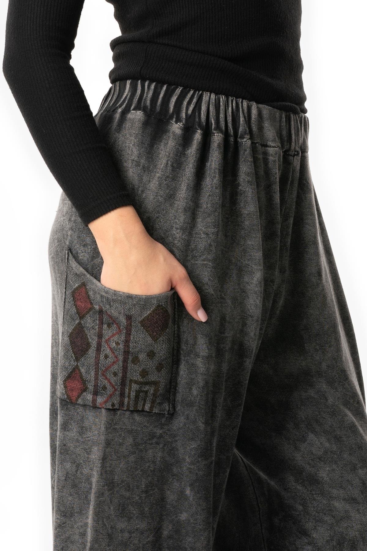Alin Side Double Pockets Autumn and Winter Elasticized Authentic Knitwear Pants Smoked