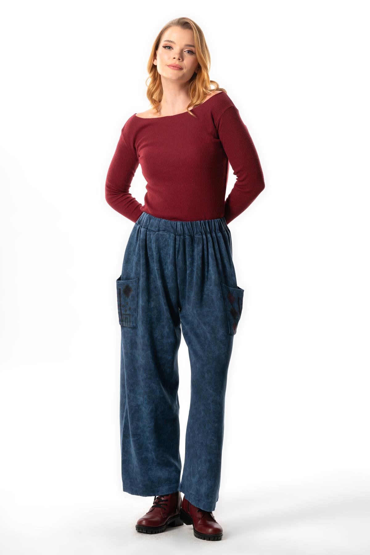 Alin Side Double Pockets Autumn and Winter Elasticized Authentic Knitwear Pants Indigo