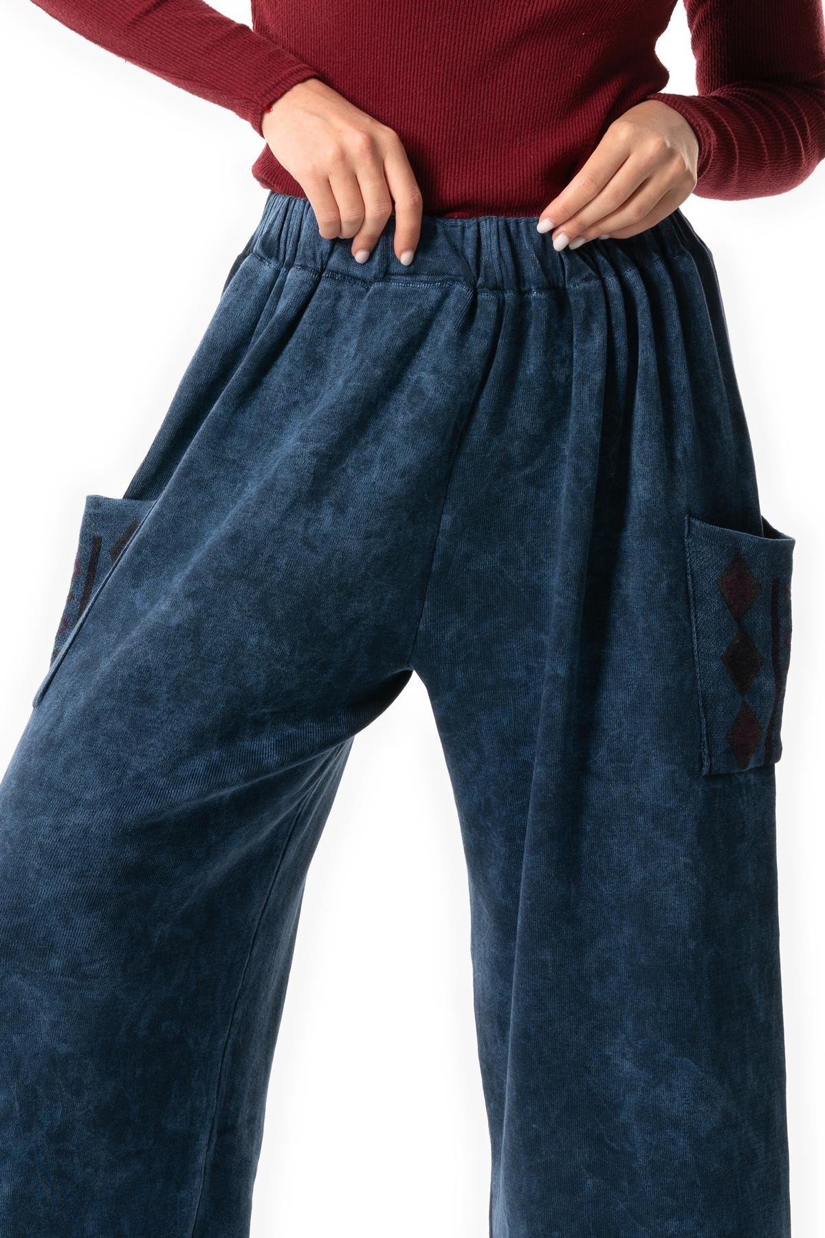 Alin Side Double Pockets Autumn and Winter Elasticized Authentic Knitwear Pants Indigo