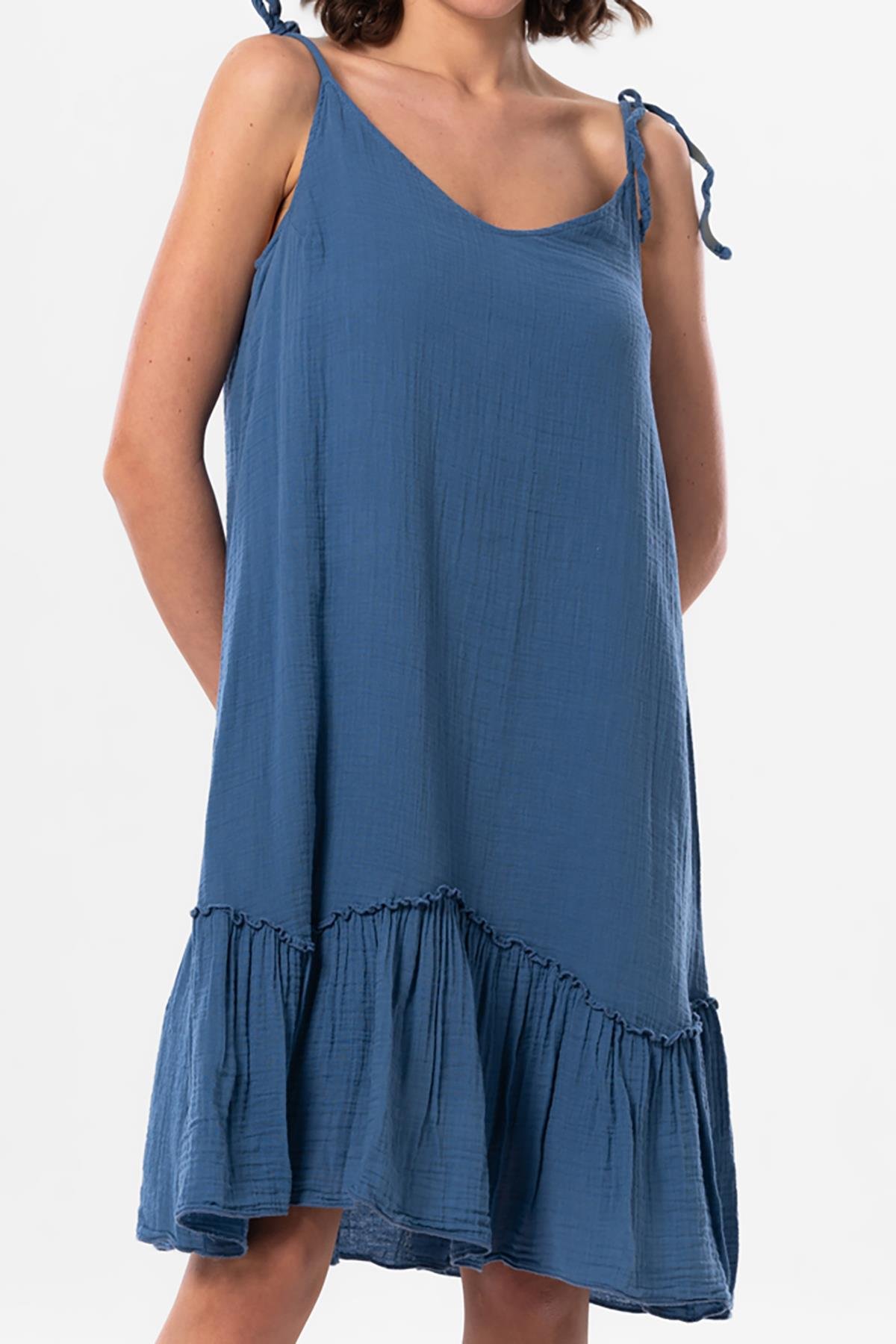 Askılı Serra Volanlı Kısa Yazlık Müslin Elbise İndigo indg
