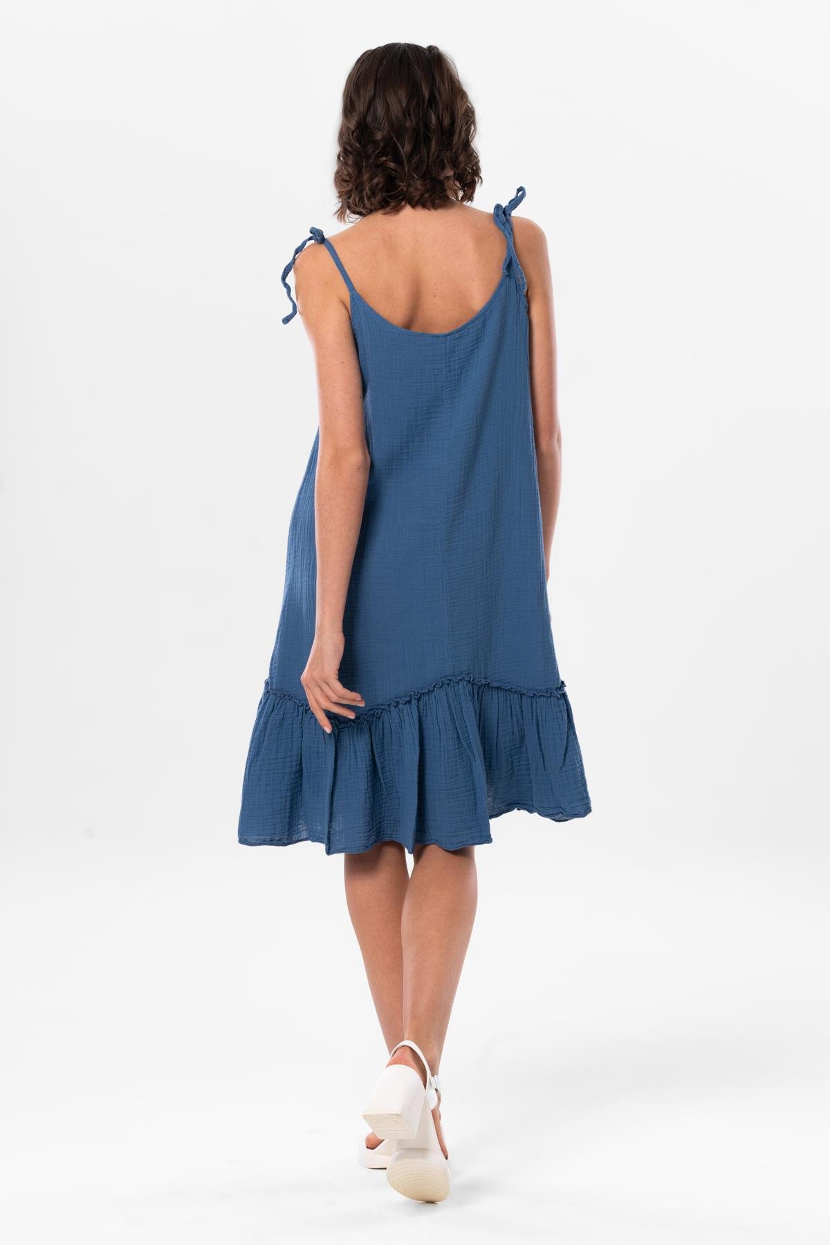 Askılı Serra Volanlı Kısa Yazlık Müslin Elbise İndigo indg