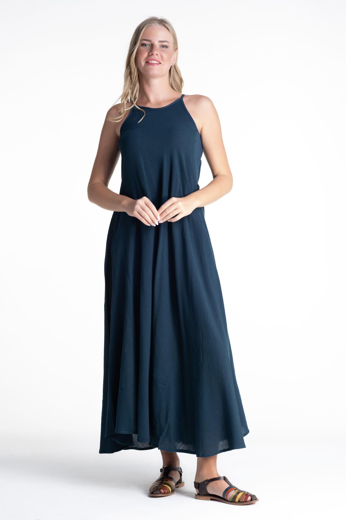 Askılı Şile Bezi Sima Uzun Elbise Petrol Ptrl