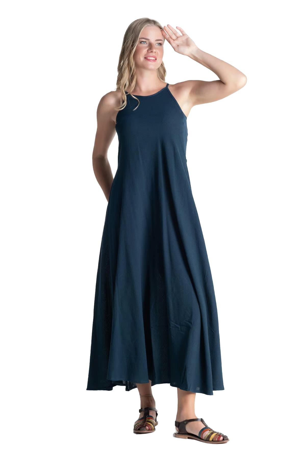 Askılı Şile Bezi Sima Uzun Elbise Petrol Ptrl