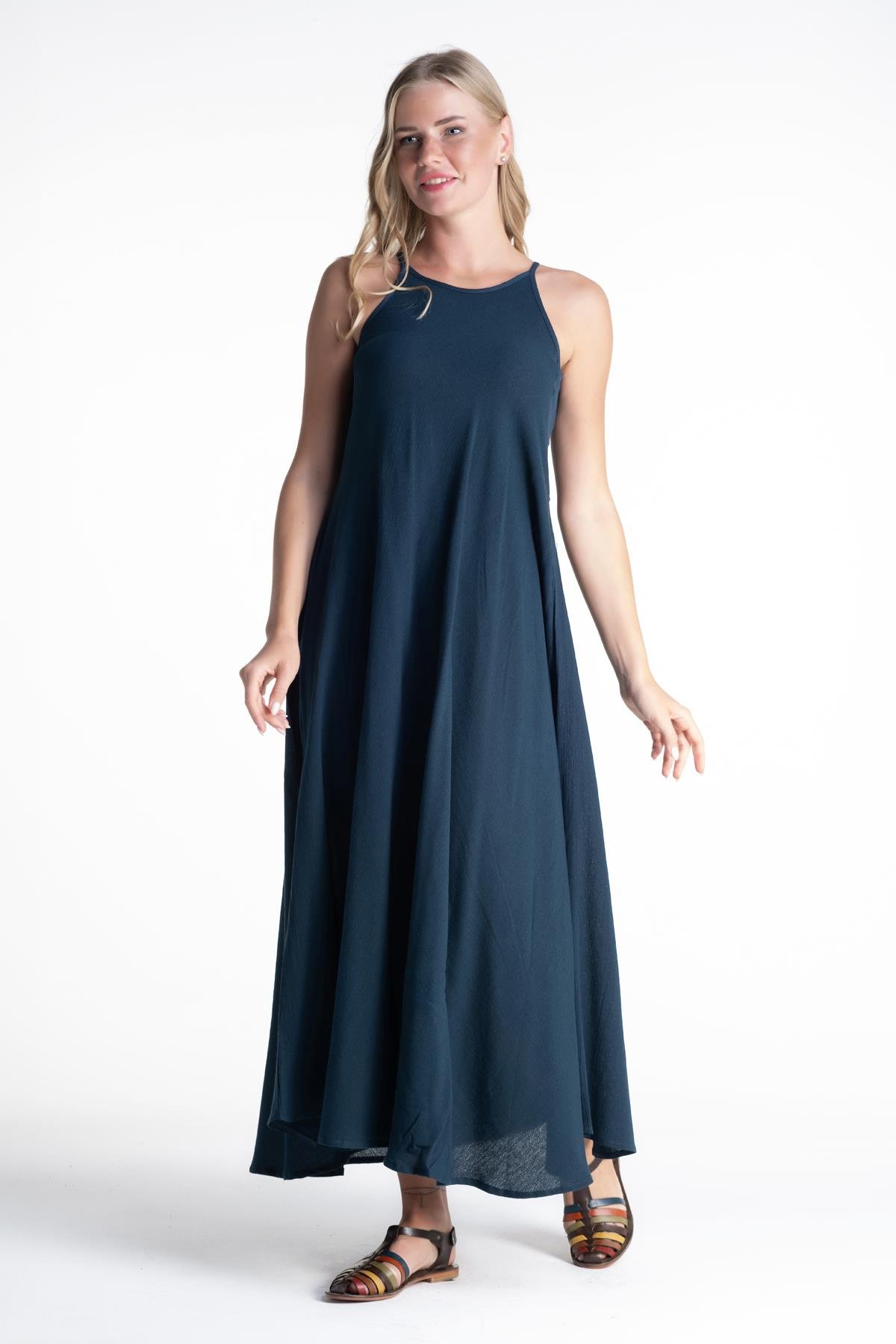 Askılı Şile Bezi Sima Uzun Elbise Petrol Ptrl