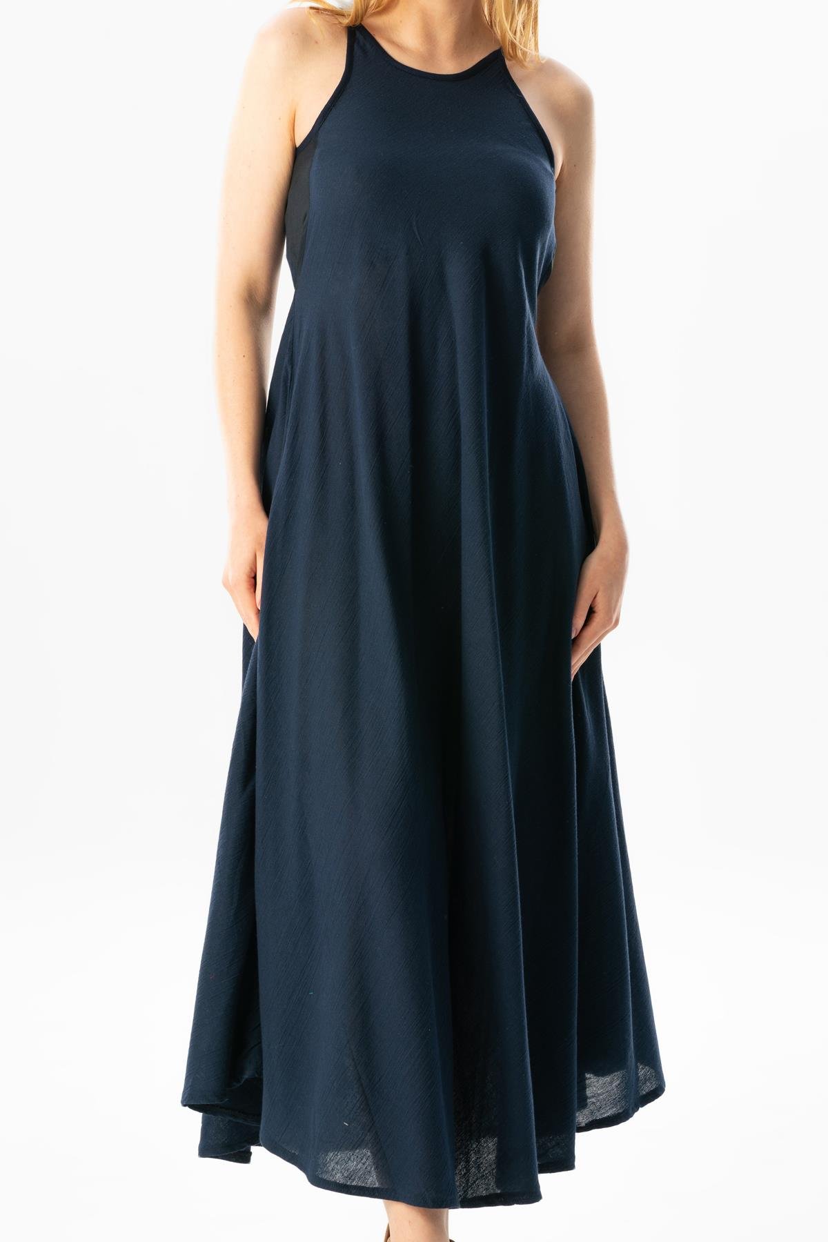 Askılı Şile Bezi Sima Uzun Yazlık Elbise Lacivert Lcvt