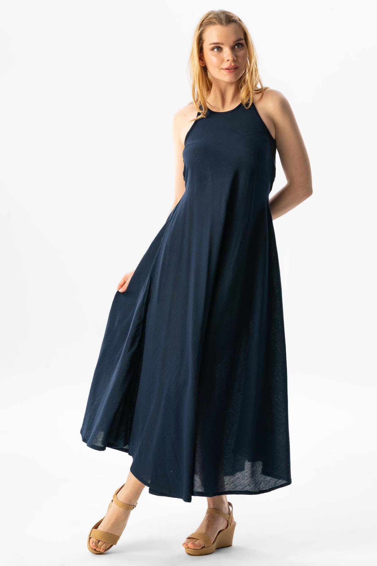Askılı Şile Bezi Sima Uzun Yazlık Elbise Lacivert Lcvt