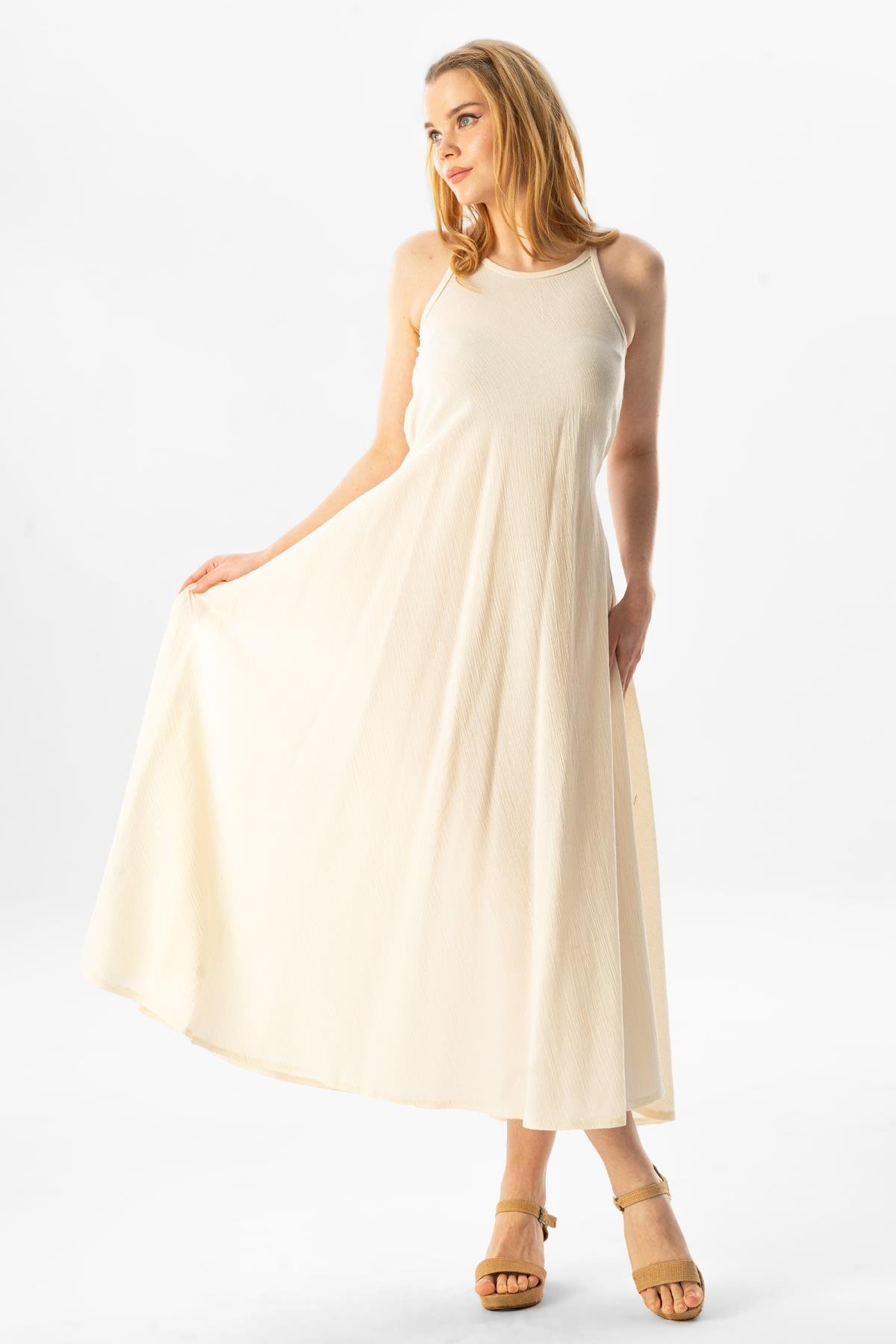 Strappy Sile Fabric Sima Long Dress Cream