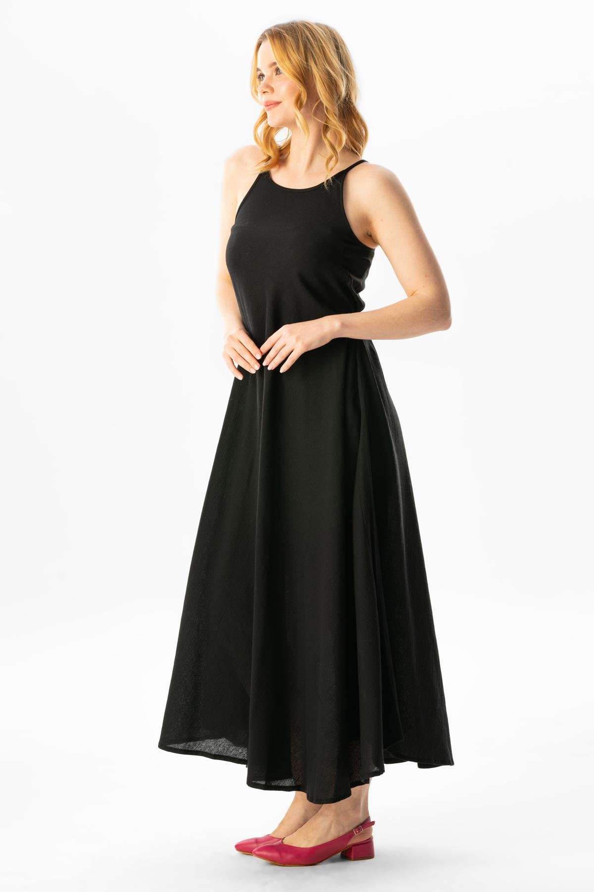 Askılı Şile Bezi Sima Uzun Yazlık Elbise Siyah Syh