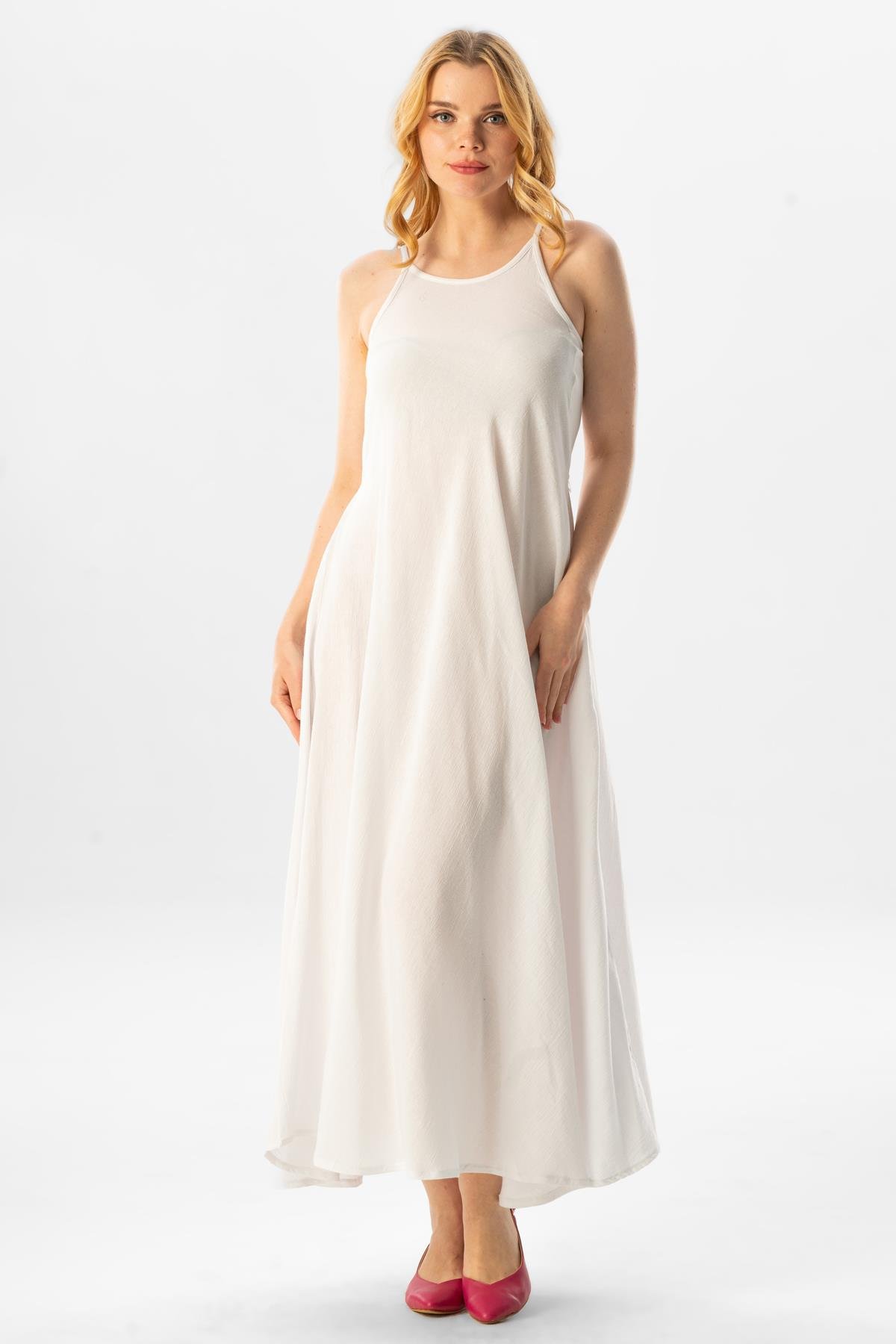 Askılı Şile Bezi Sima Uzun Yazlık Elbise Beyaz Byz