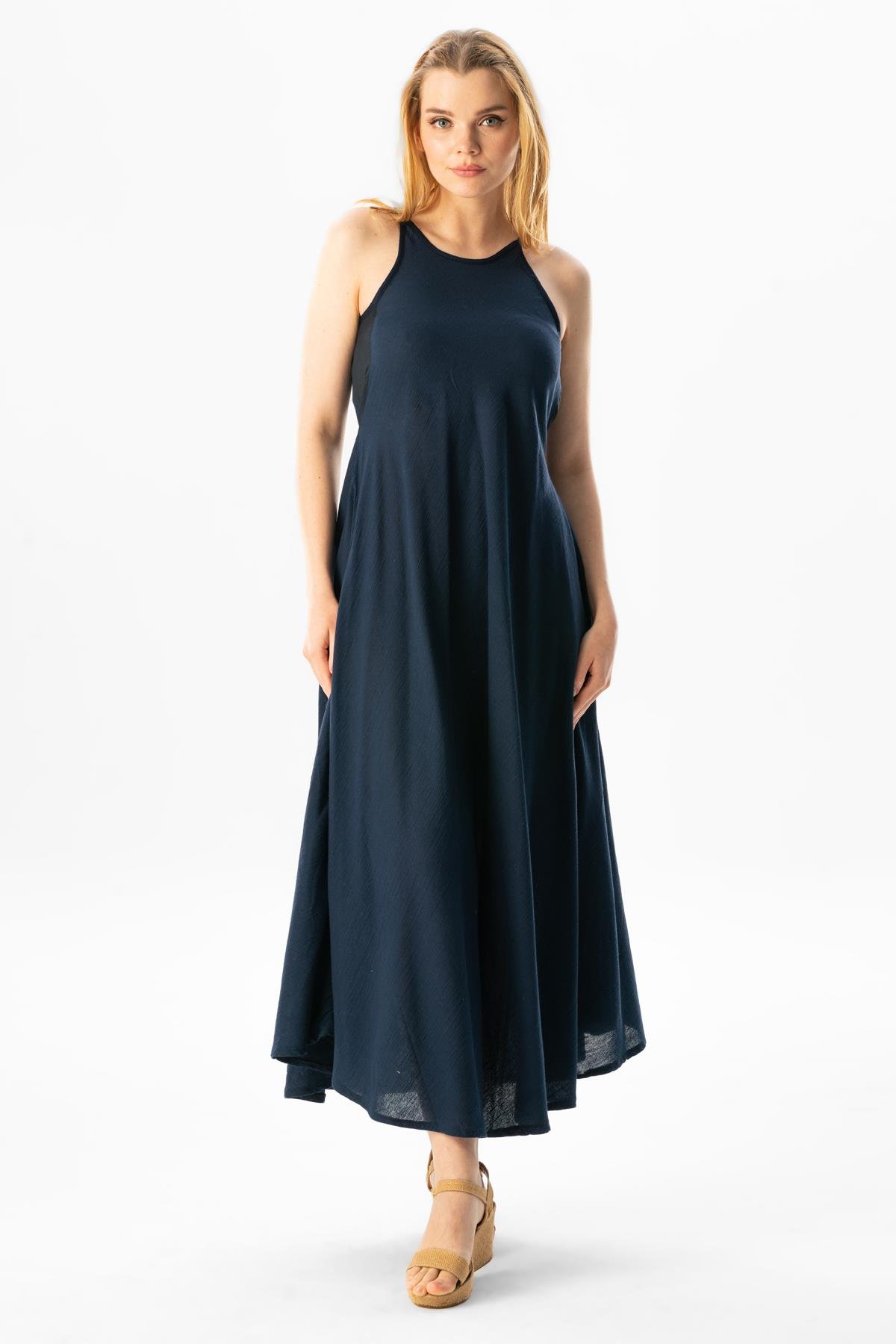 Askılı Şile Bezi Sima Uzun Yazlık Elbise Lacivert Lcvt