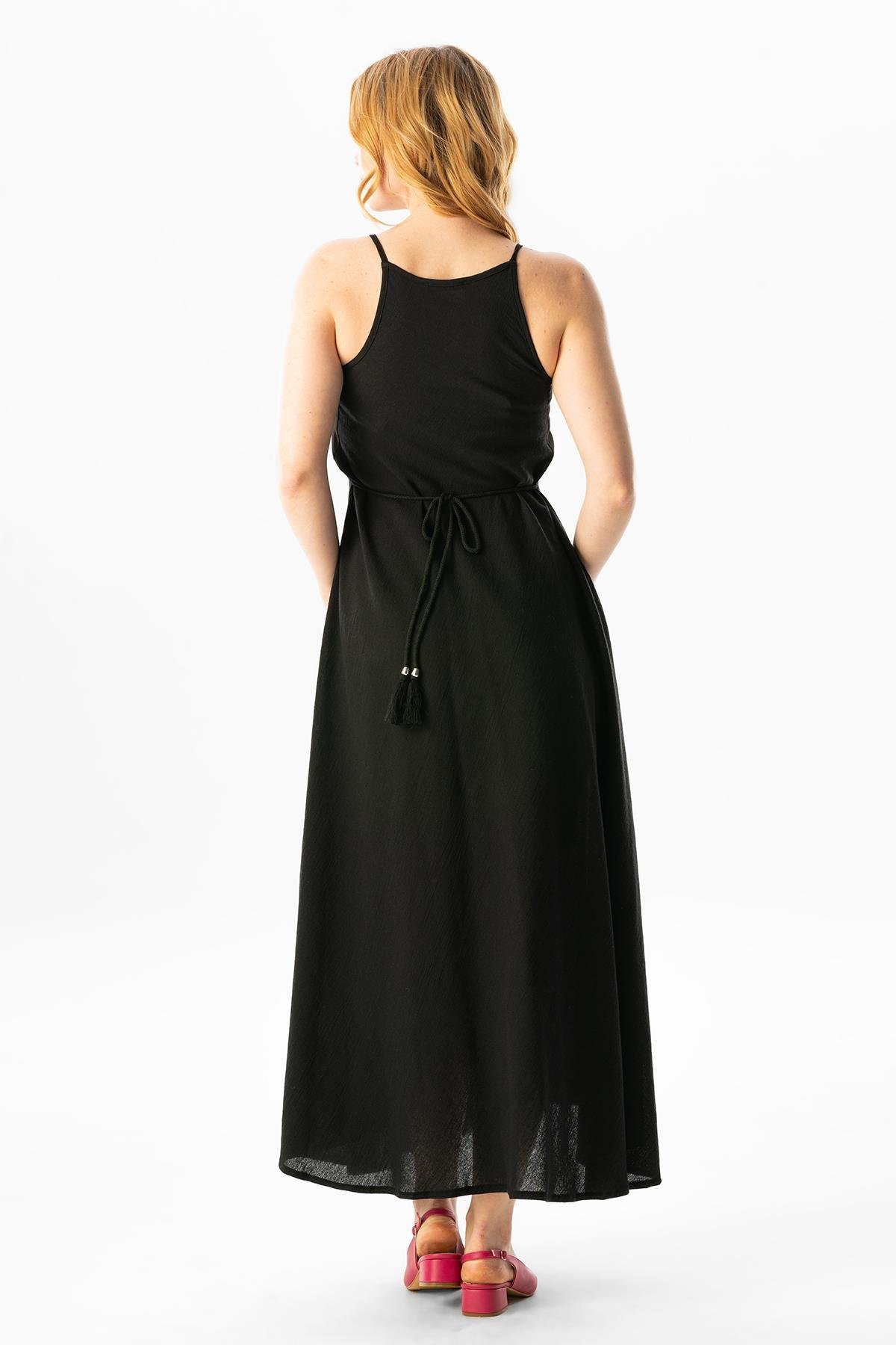 Askılı Şile Bezi Sima Uzun Yazlık Elbise Siyah Syh