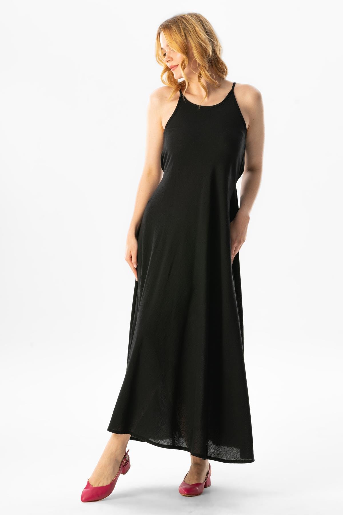 Askılı Şile Bezi Sima Uzun Yazlık Elbise Siyah Syh