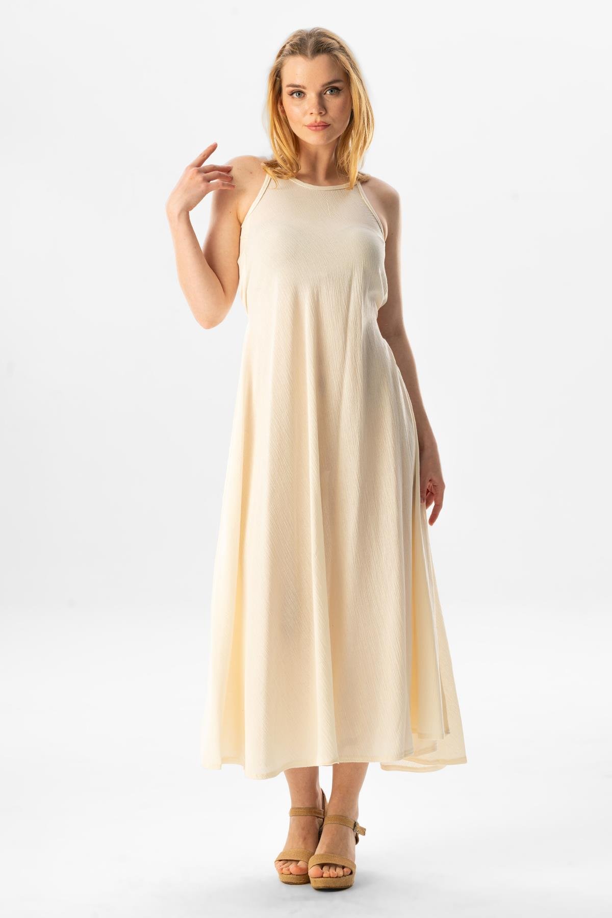 Strappy Sile Fabric Sima Long Dress Cream