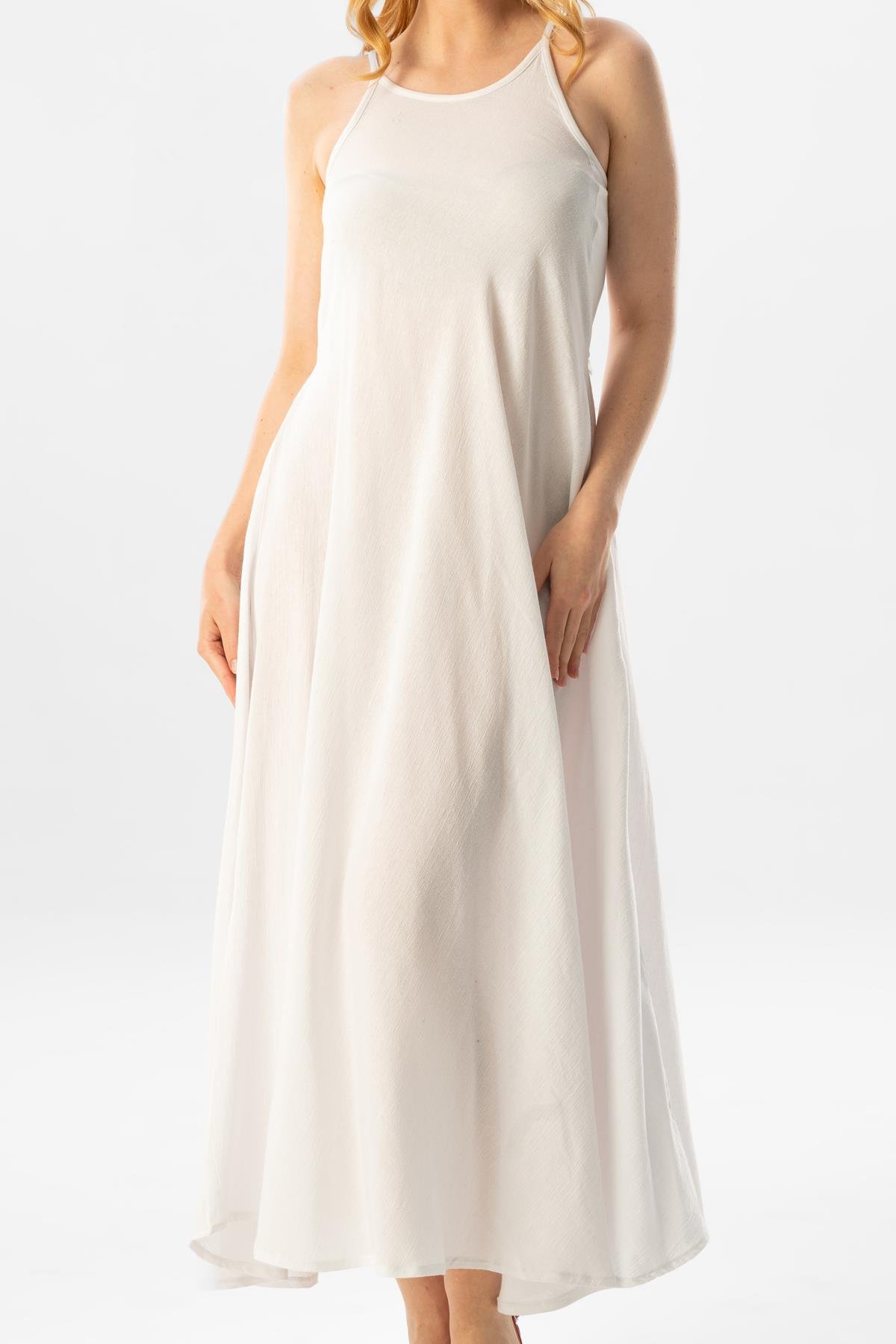Askılı Şile Bezi Sima Uzun Yazlık Elbise Beyaz Byz