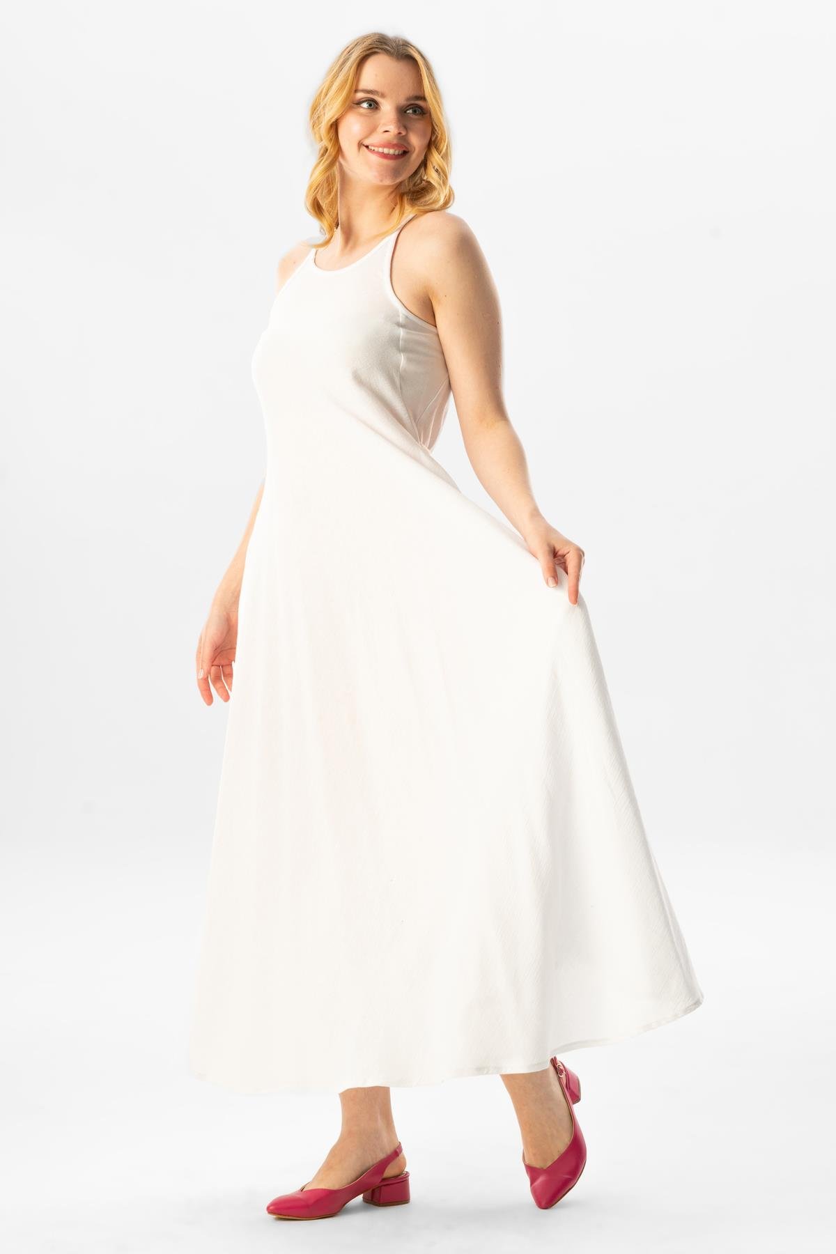 Askılı Şile Bezi Sima Uzun Yazlık Elbise Beyaz Byz