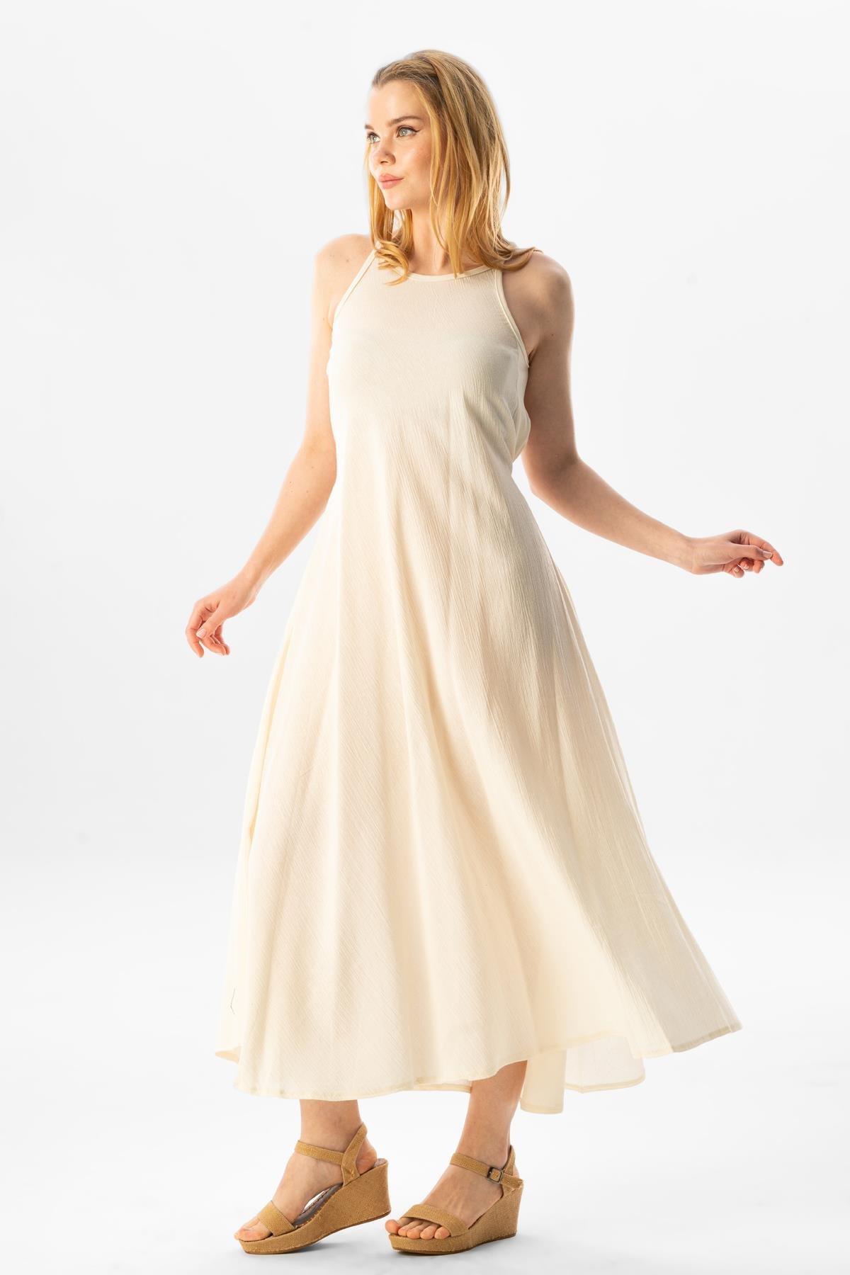 Strappy Sile Fabric Sima Long Dress Cream