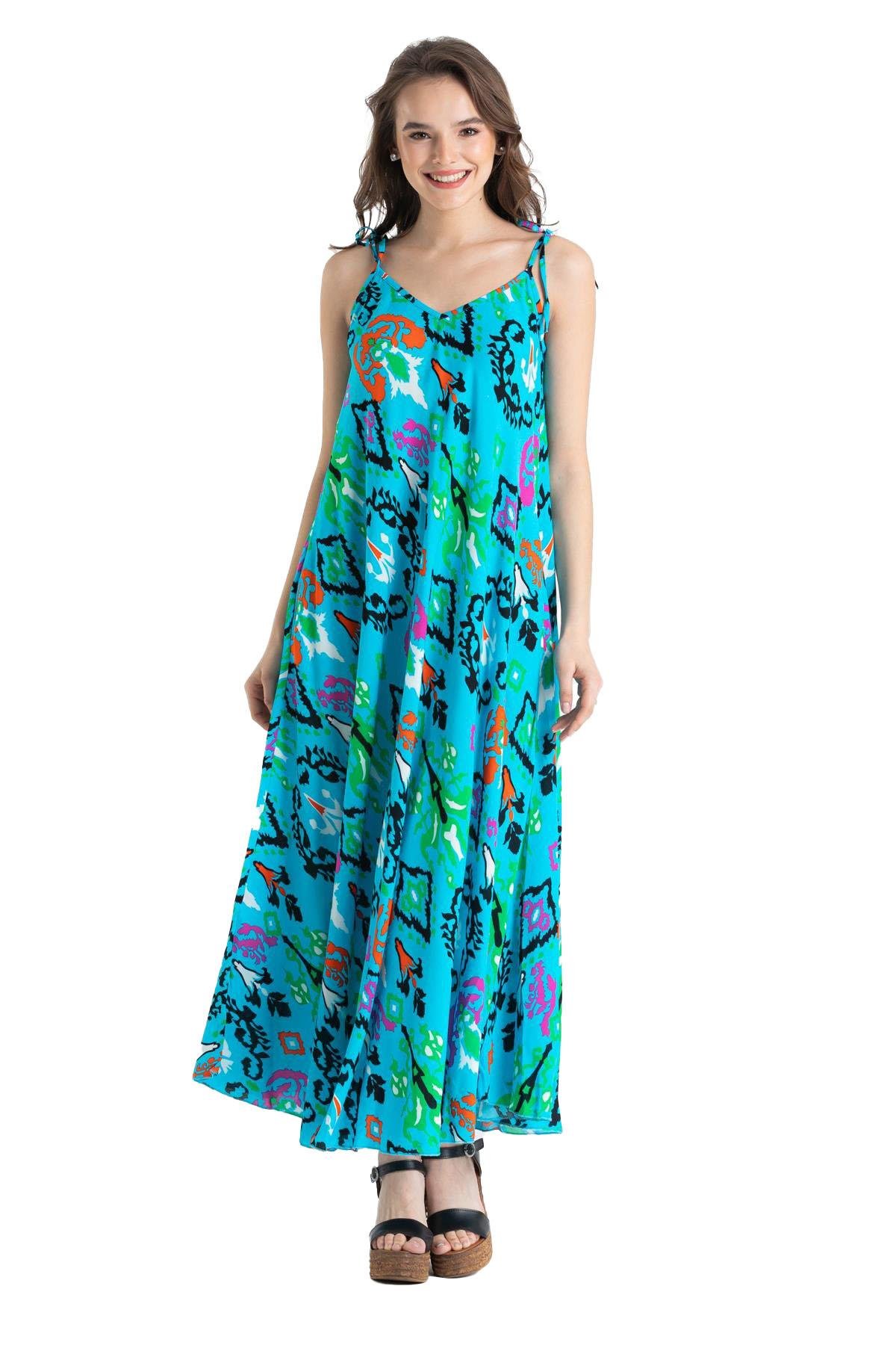Askılı Viskon Suzan Uzun Elbise Etnik Turkuaz Etnk trkz