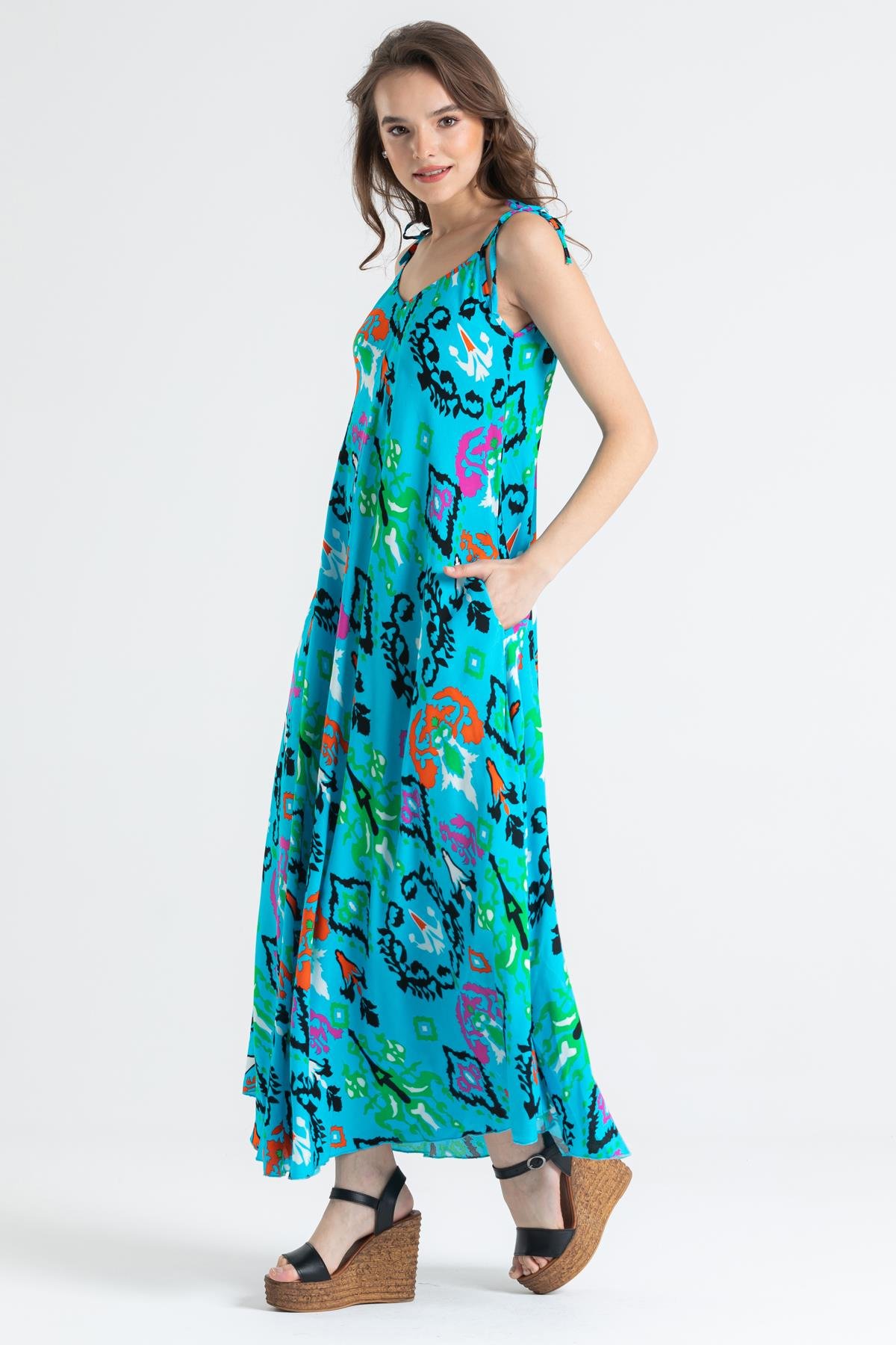 Askılı Viskon Suzan Uzun Elbise Etnik Turkuaz Etnk trkz