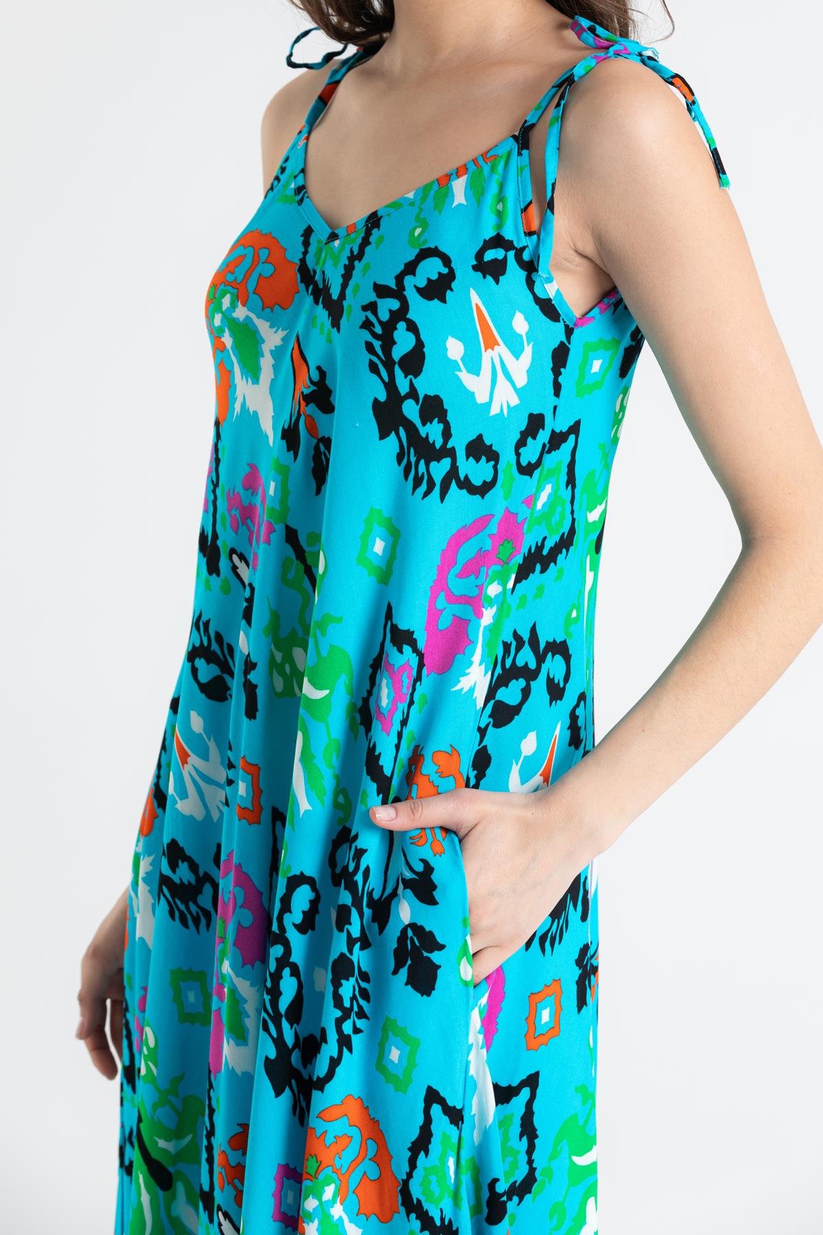 Askılı Viskon Suzan Uzun Elbise Etnik Turkuaz Etnk trkz