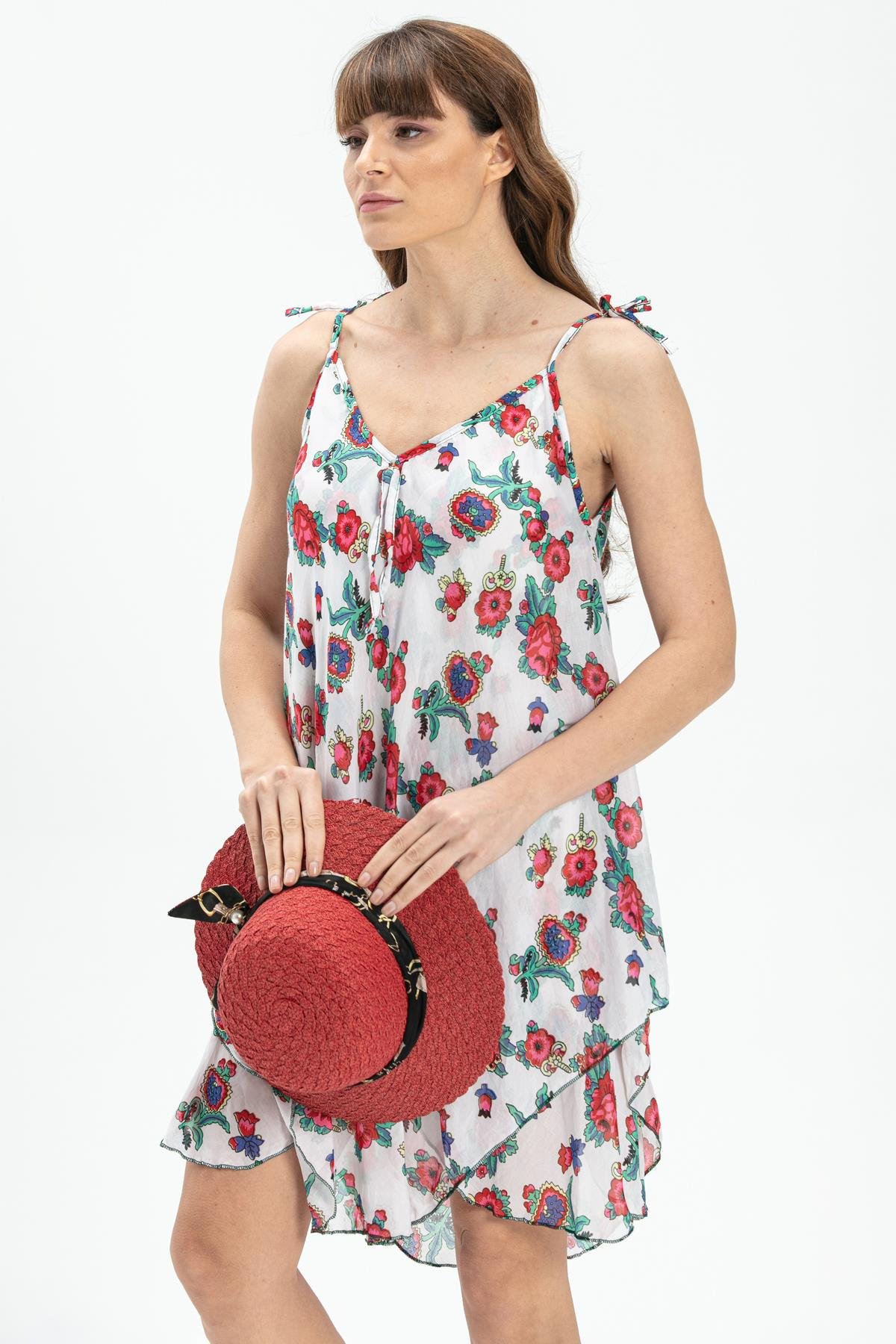 Askılı Vual Afrodit Kısa Elbise Beyaz 6081