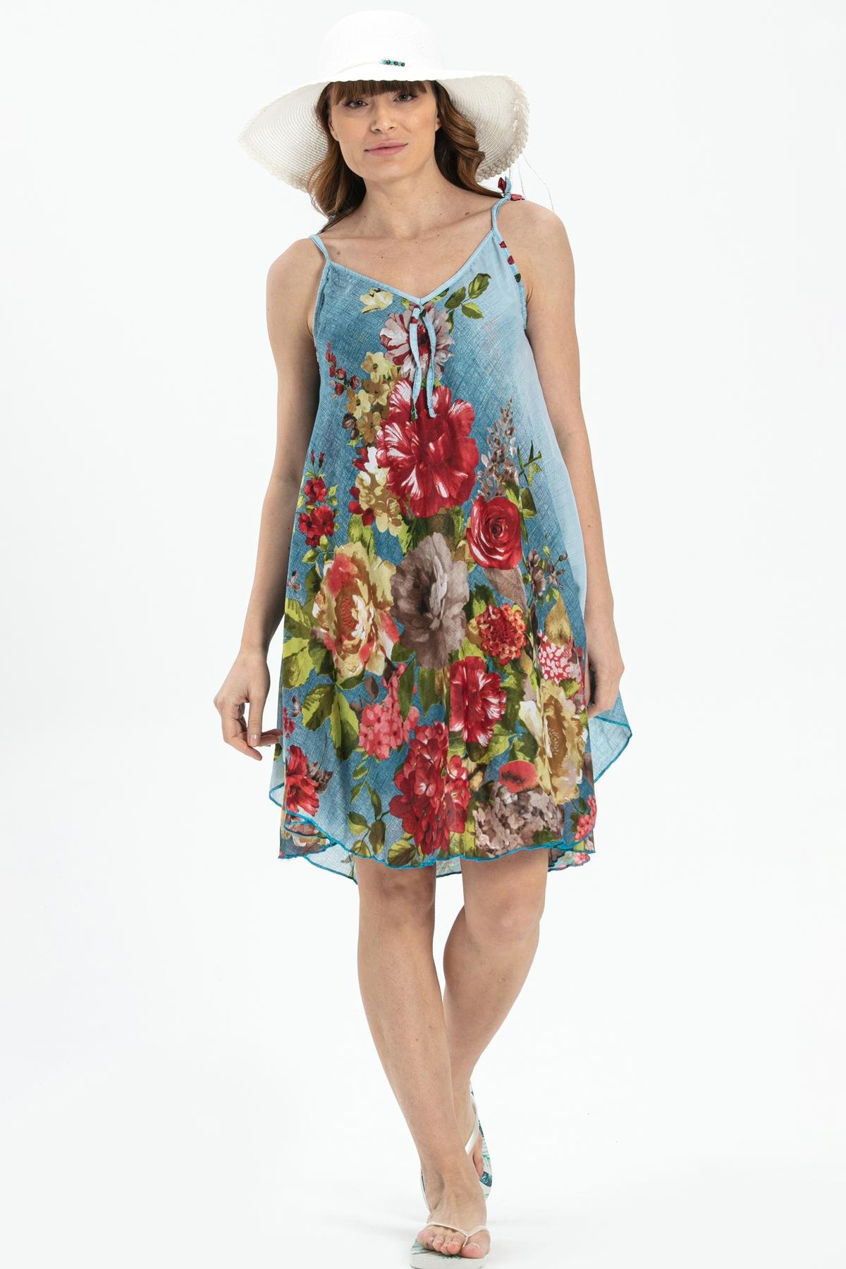 Askılı Vual Afrodit Kısa Elbise Buz Mavi 6121