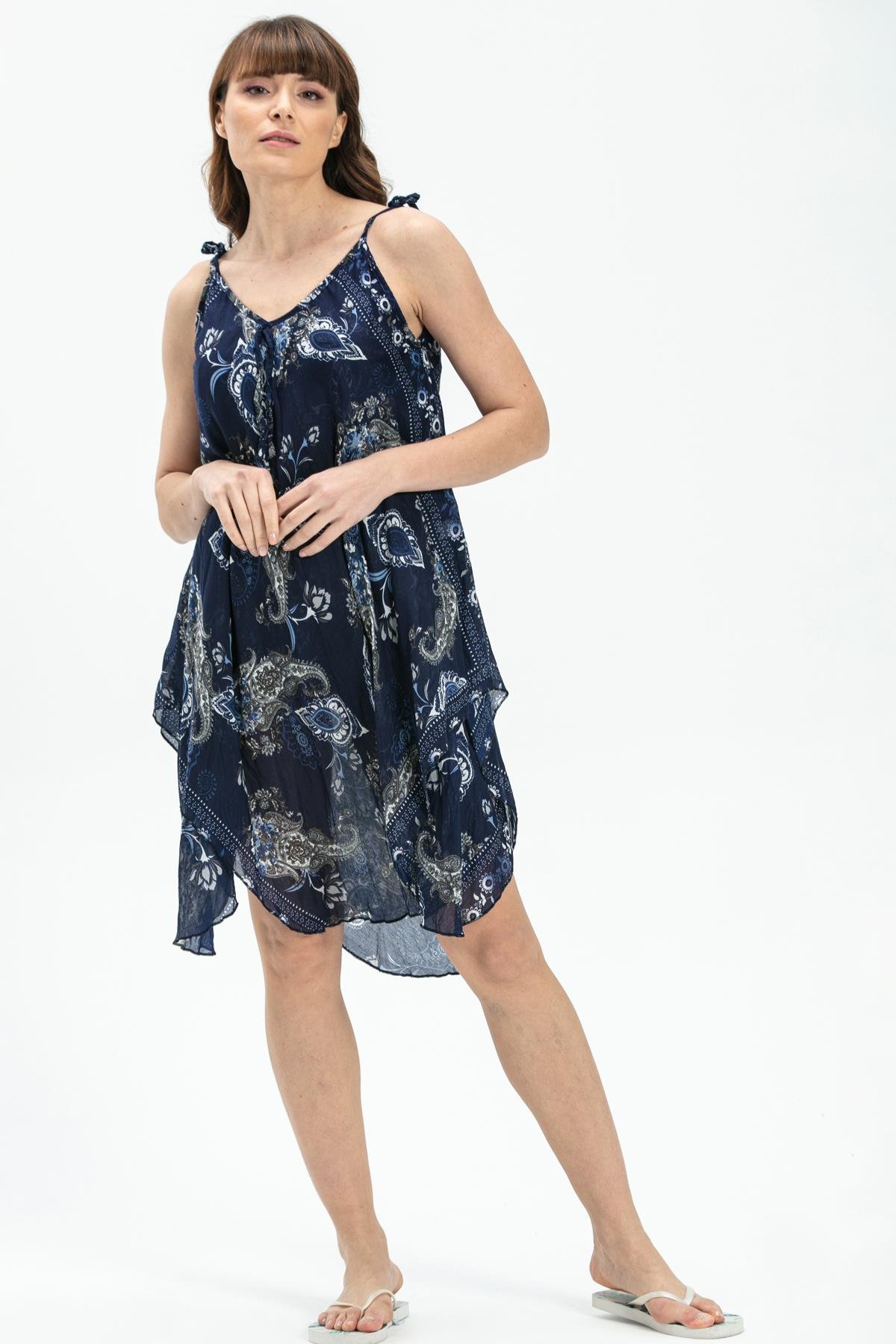 Askılı Vual Afrodit Kısa Elbise Lacivert 6139