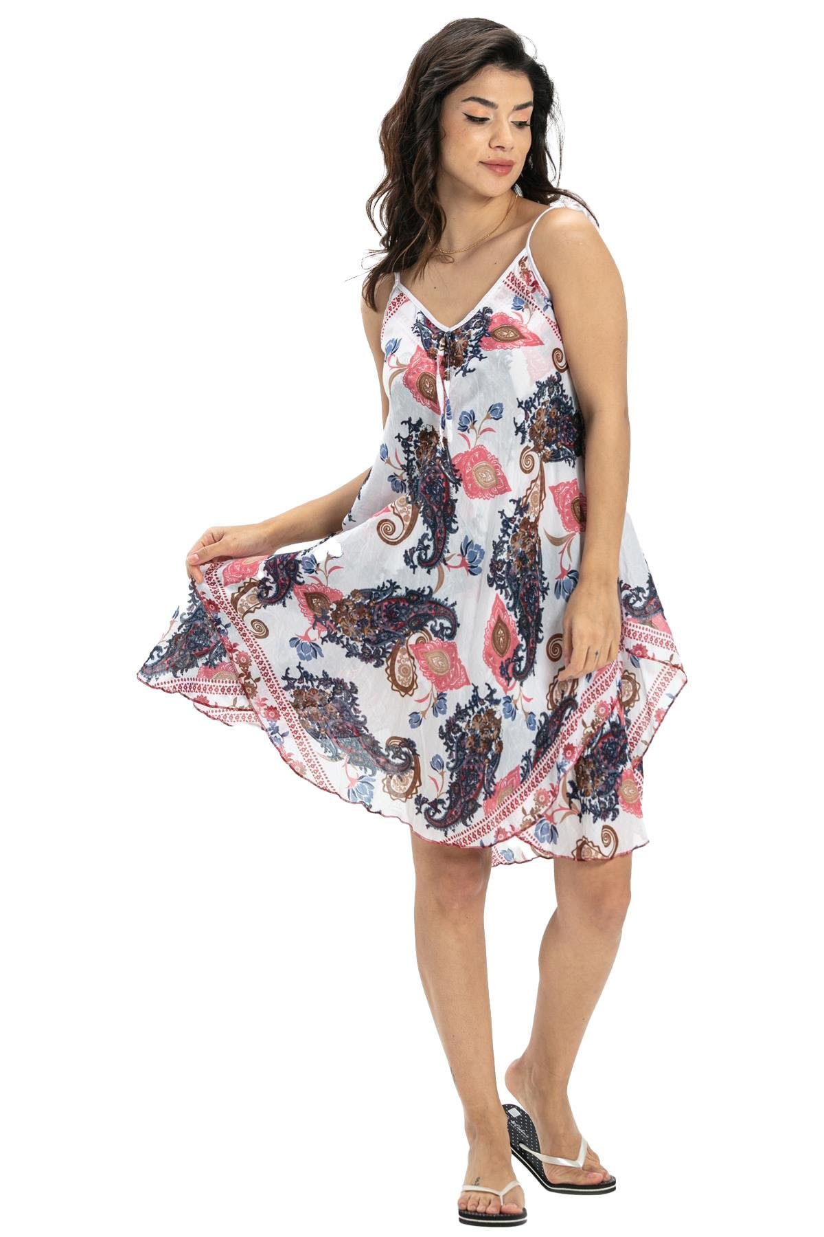 Askılı Vual Afrodit Kısa Elbise Pembe-Beyaz 6144