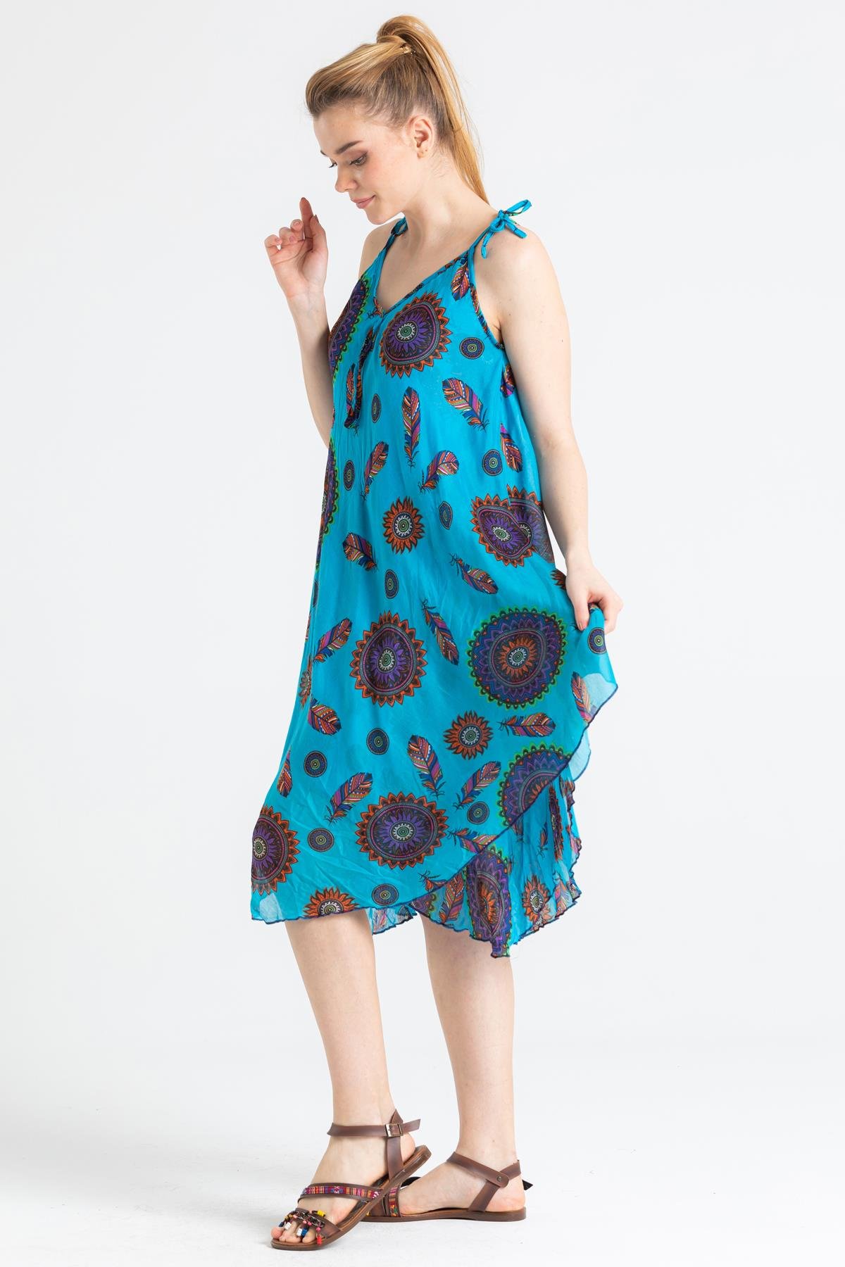 Askılı Vual Afrodit Kısa Elbise Turkuaz 6196